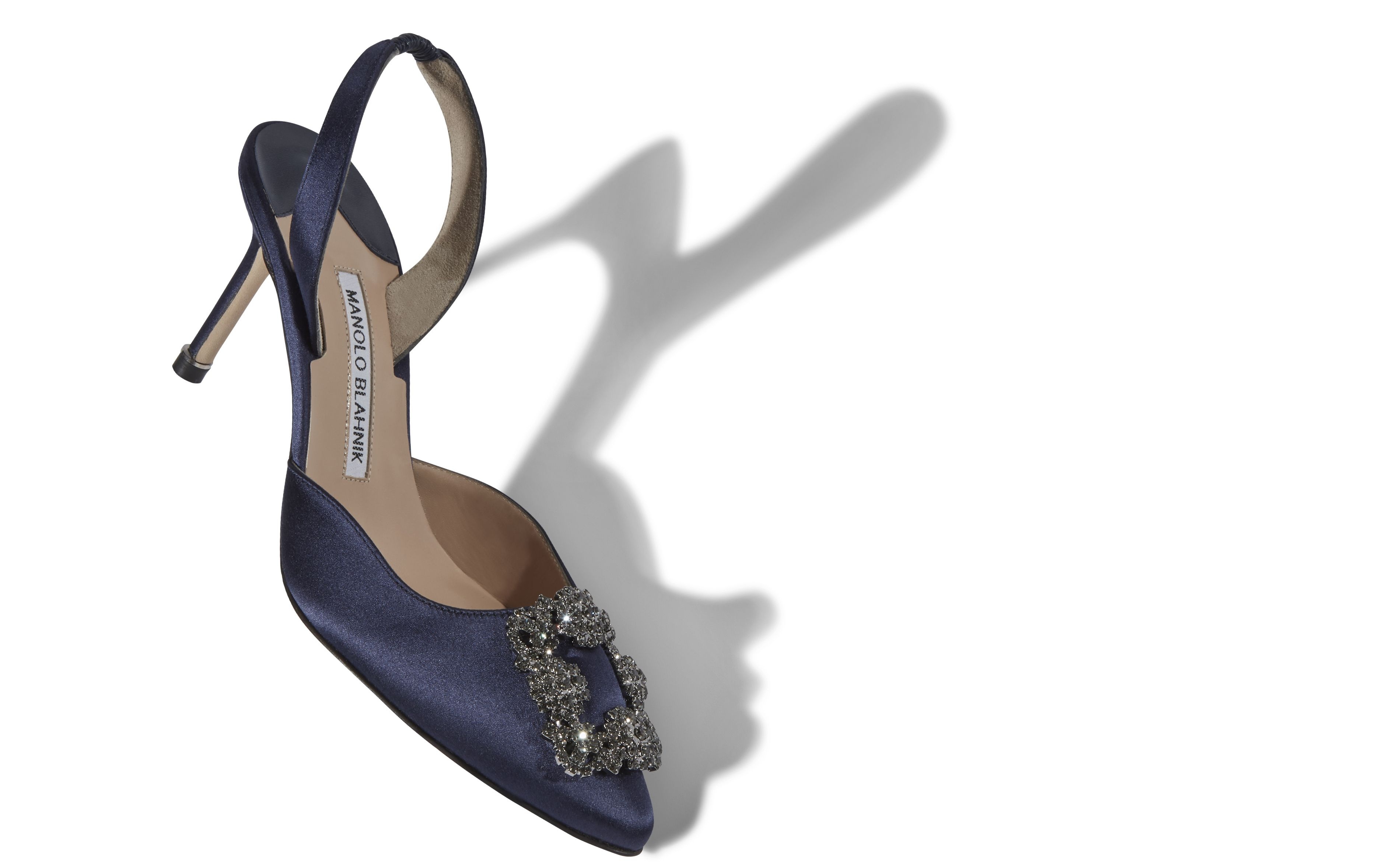 Navy Blue Satin Jewel Buckle Slingback Pumps - 2