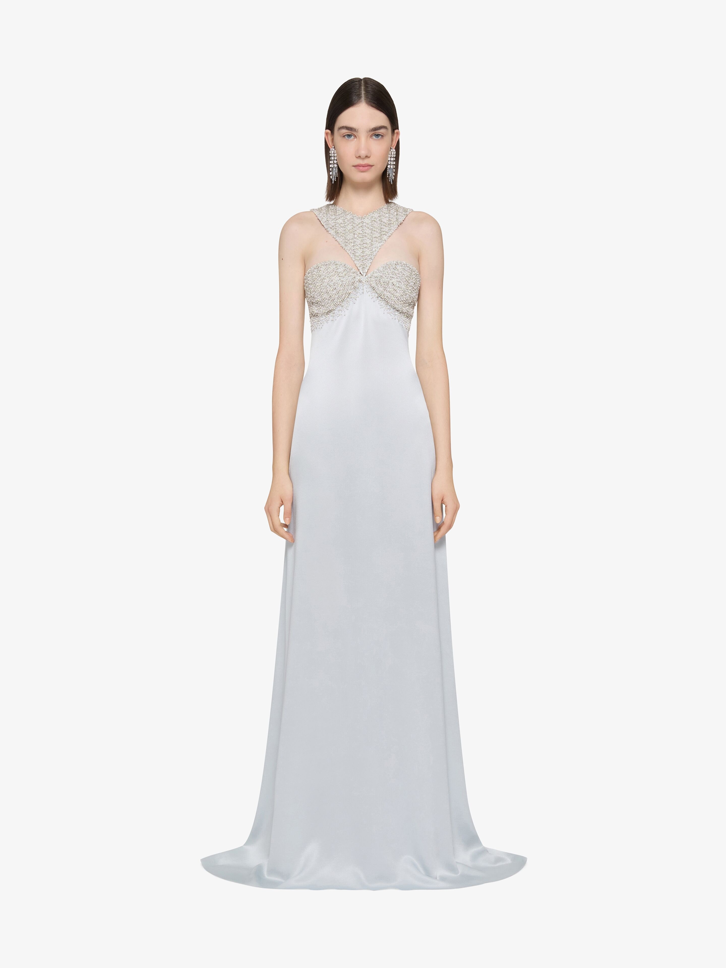 EVENING DRESS IN CREPE SATIN WITH CRYSTALS AND PEARLS - 2
