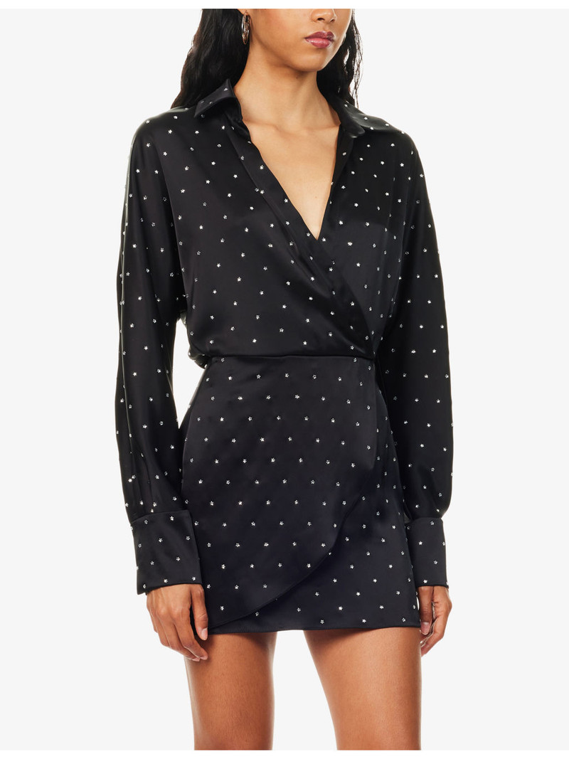 Star-Embellished Wrap-Front Satin Mini Shirt Dress 3