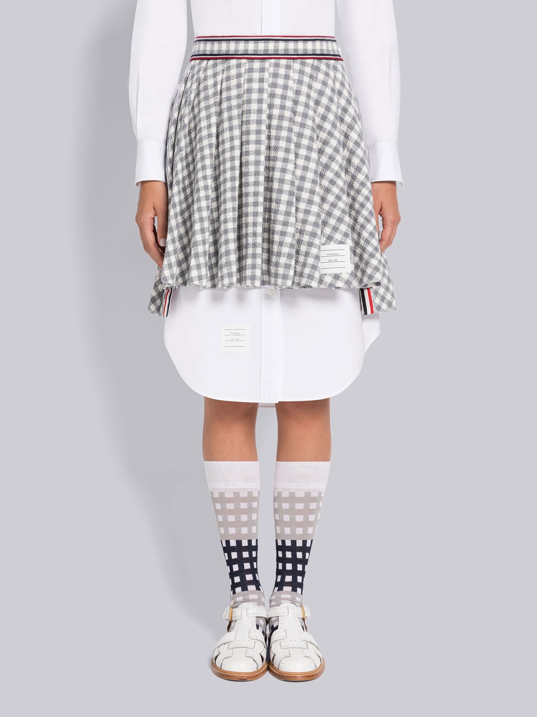 Gingham Stripe Trim Pleated Mini Skirt - 1