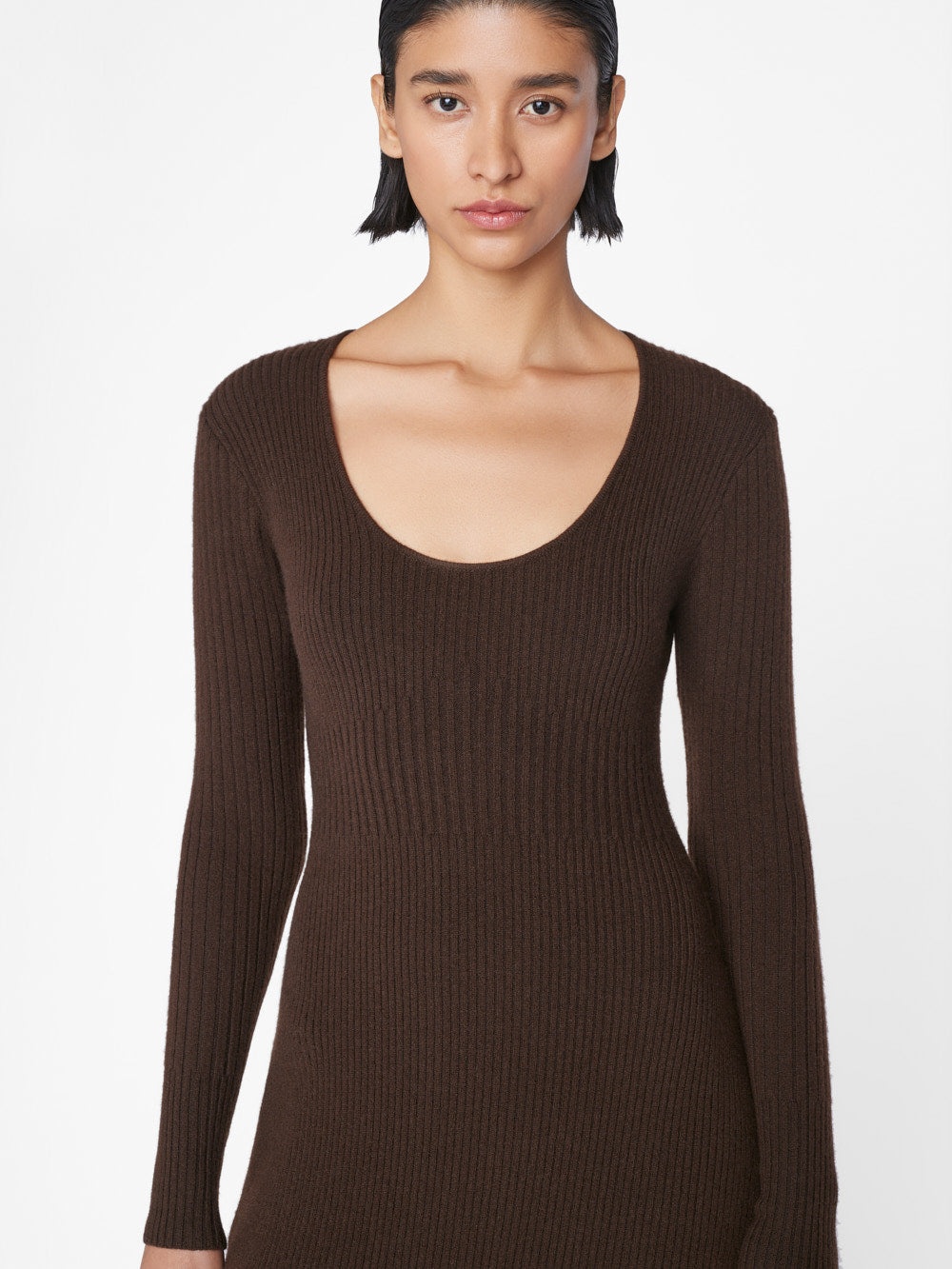 Ribbed Cashmere U-Neck Dress in Espresso - 3