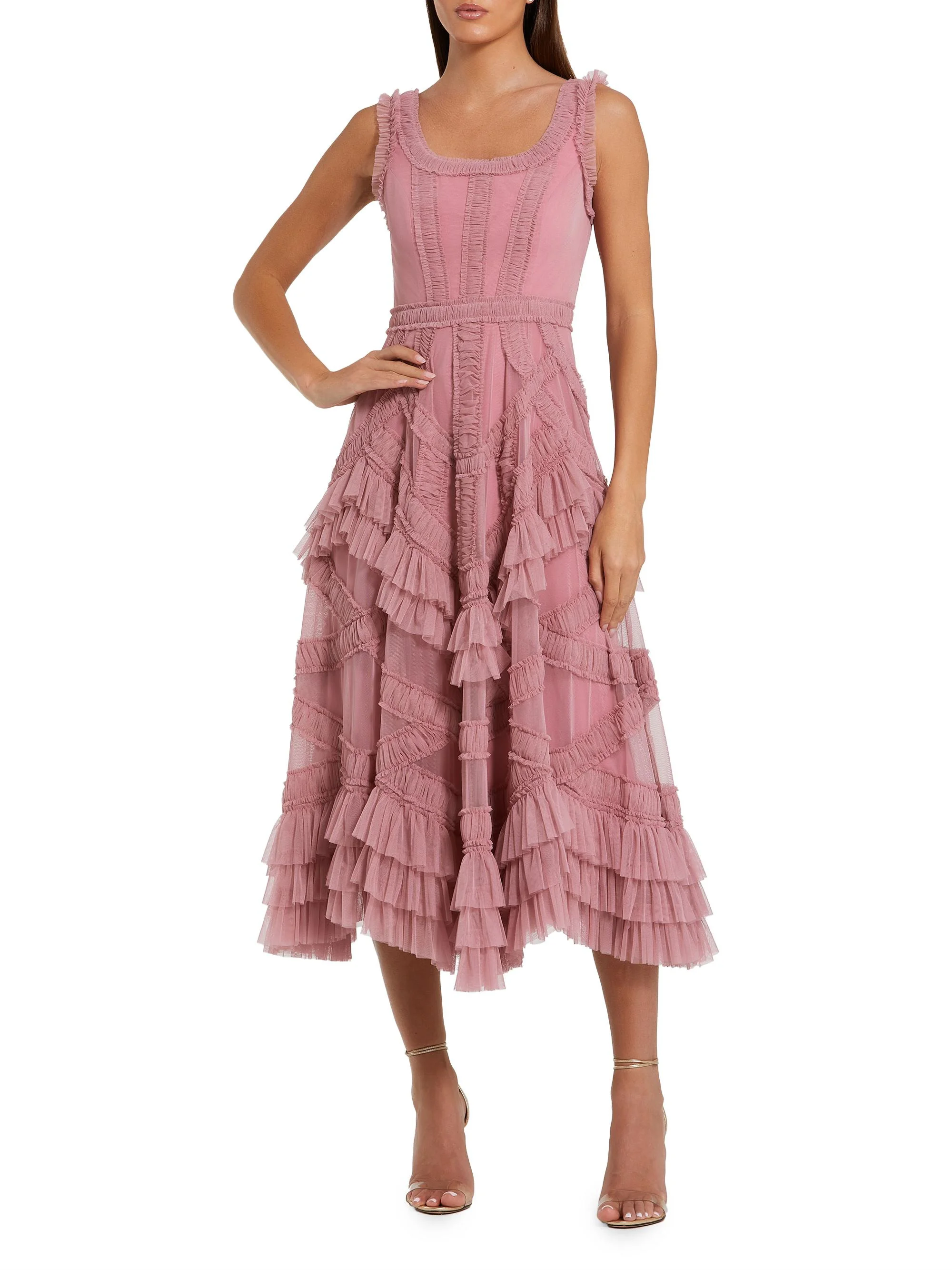 Women's Mesh Ruffled Scoopneck Midi-Dress - Antique Rose - 1