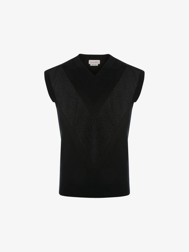 Men's Sheer Lace Detail Vest in Black 1