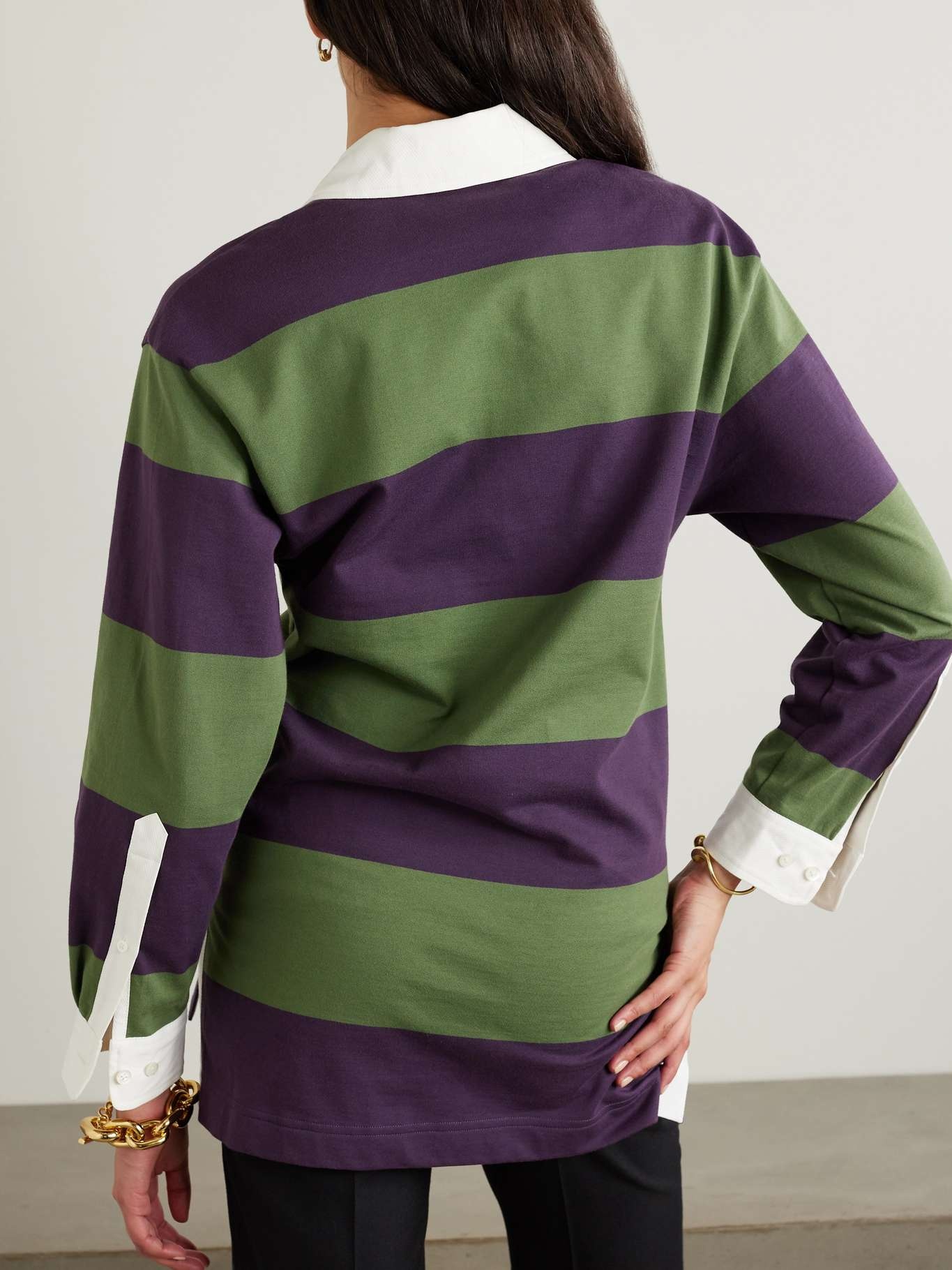 Oversized tie-detailed striped cotton-blend jersey polo shirt - 4