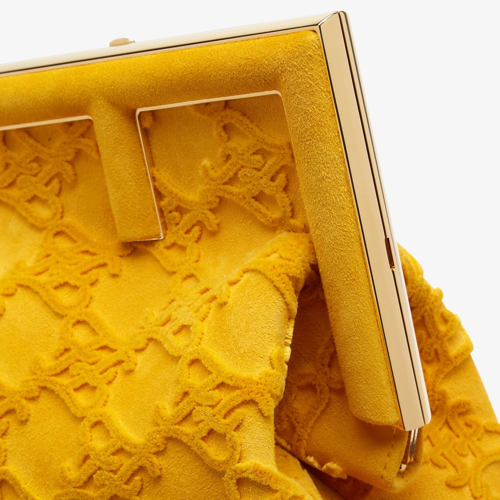 Medium Fendi First bag made of soft yellow suede, embroidered with a smooth-textured Karligraphy mot - 5