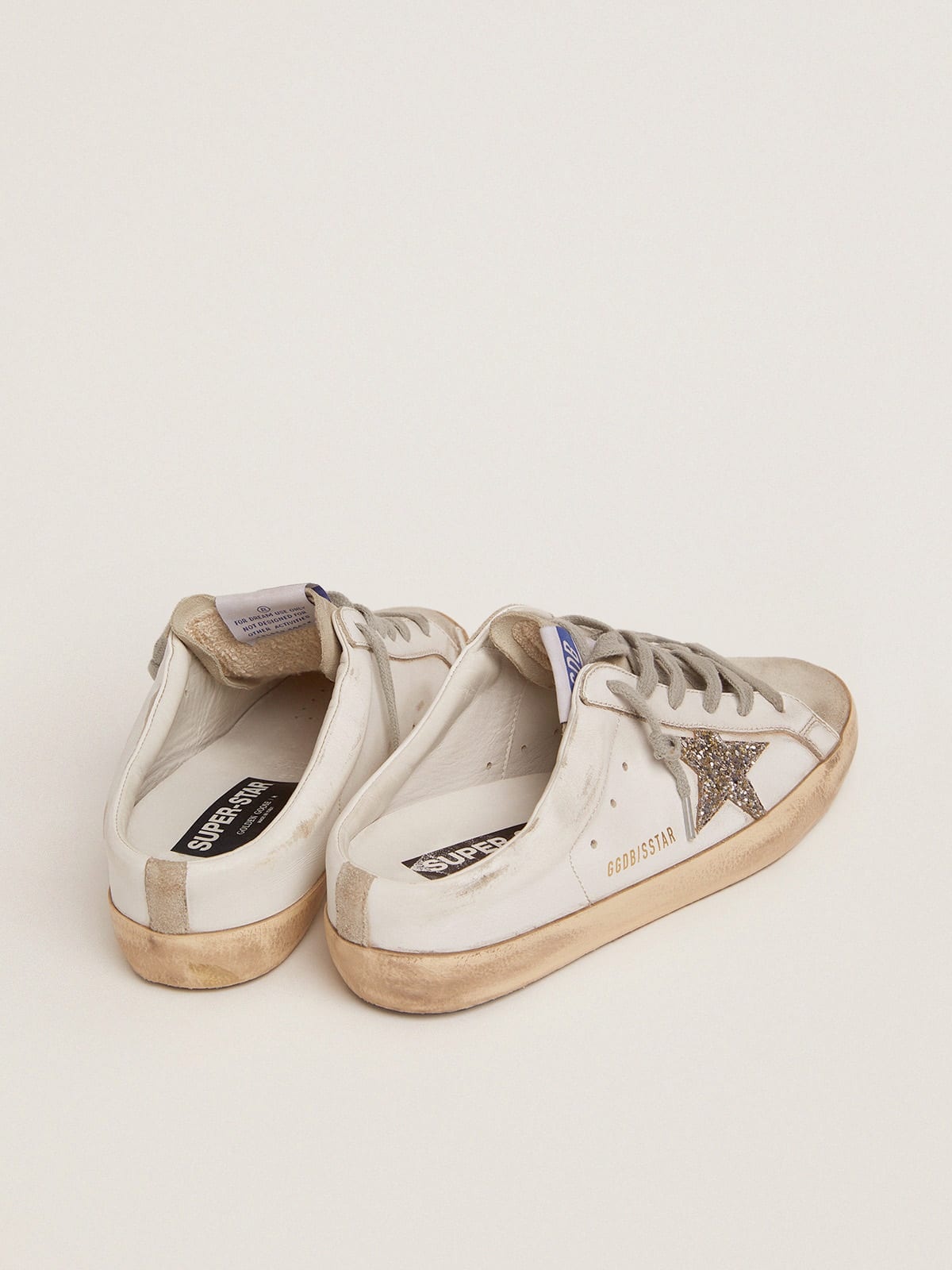 Super-Star Sabots in white leather and gray suede with silver glitter star - 4