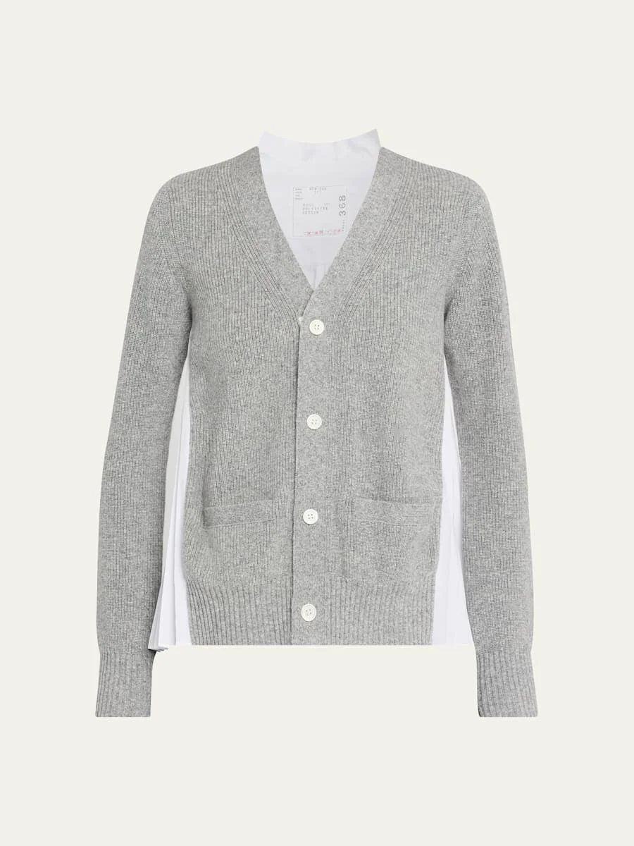 Wool Knit And Cotton Poplin V-Neck Cardigan - 1
