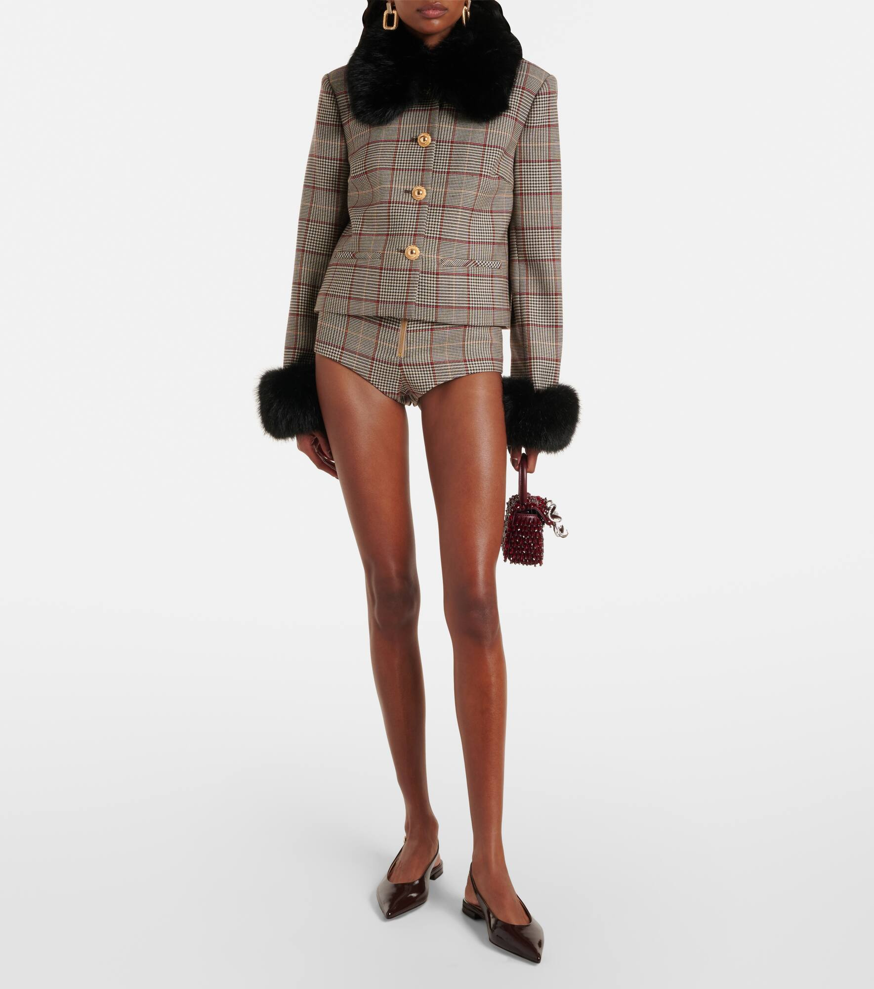 Checked faux fur-trimmed jacket - 2