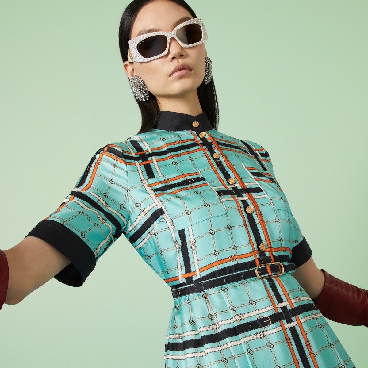 GG belt print silk dress - 3