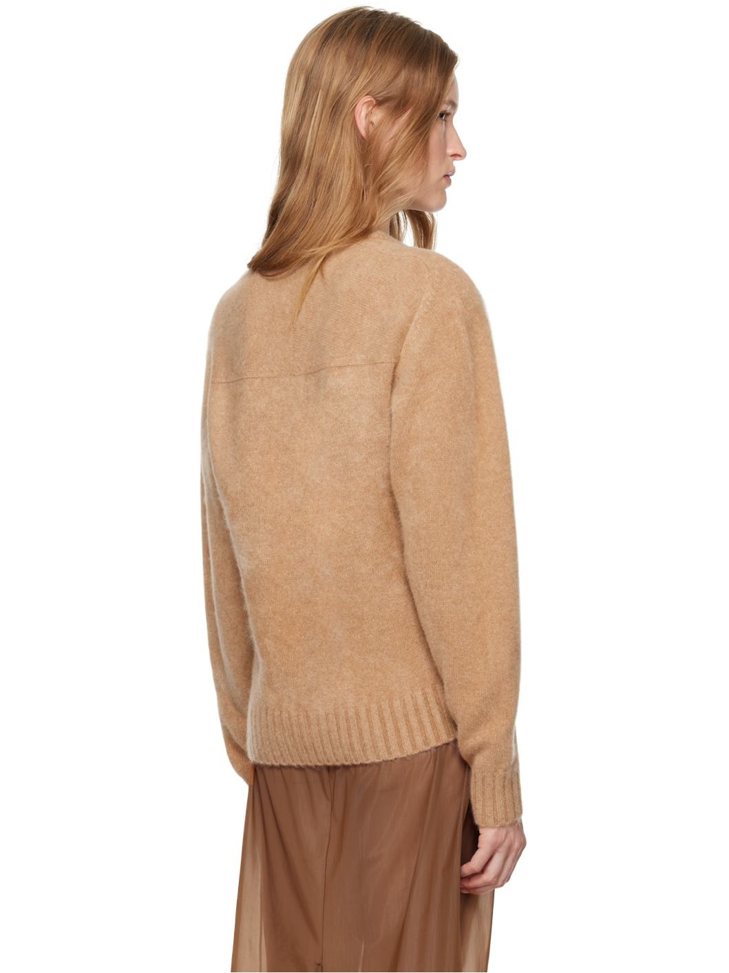 Beige V-Neck Brushed Cashmere Sweater - 3