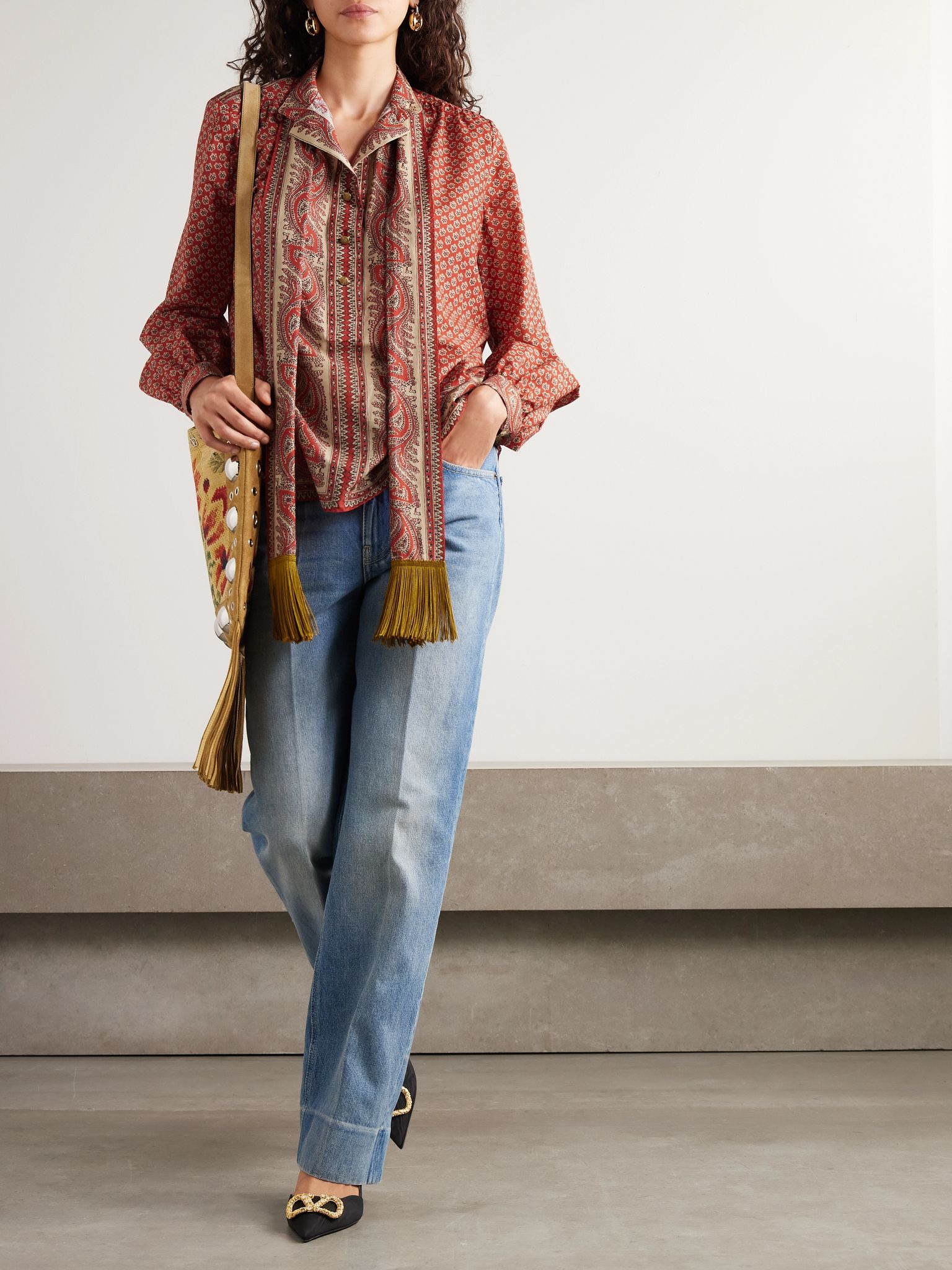 Fringed scarf-detailed printed cotton shirt Pink - 2