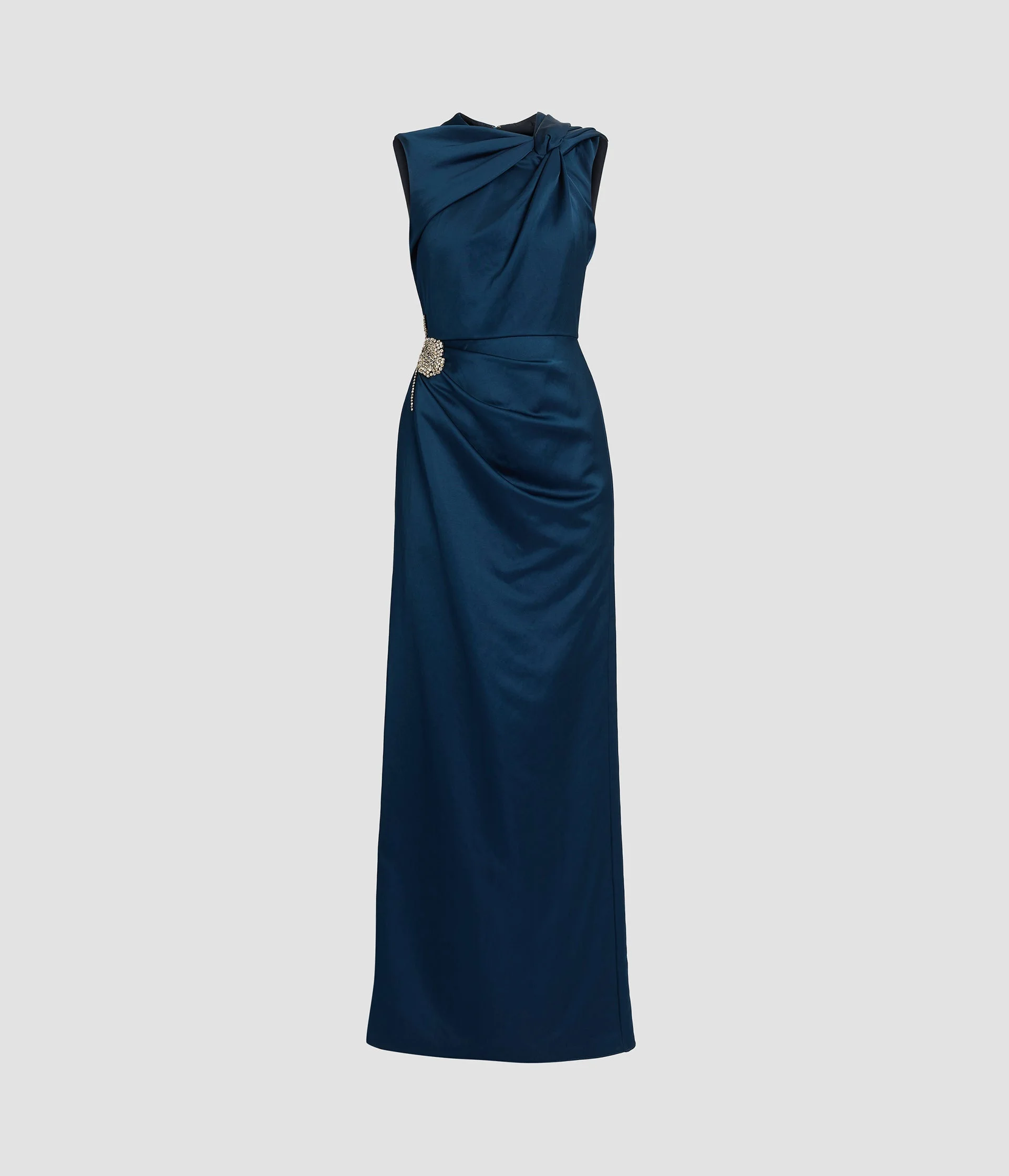 EMBROIDERED HEAVY SATIN SLEEVELESS PENCIL GOWN - 1