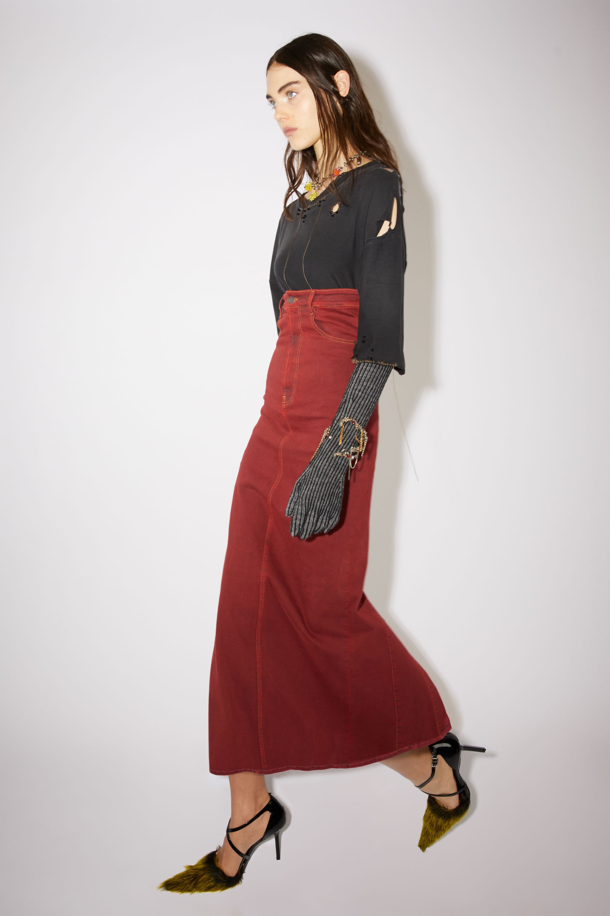 High waist denim maxi skirt - Bright Red - 5