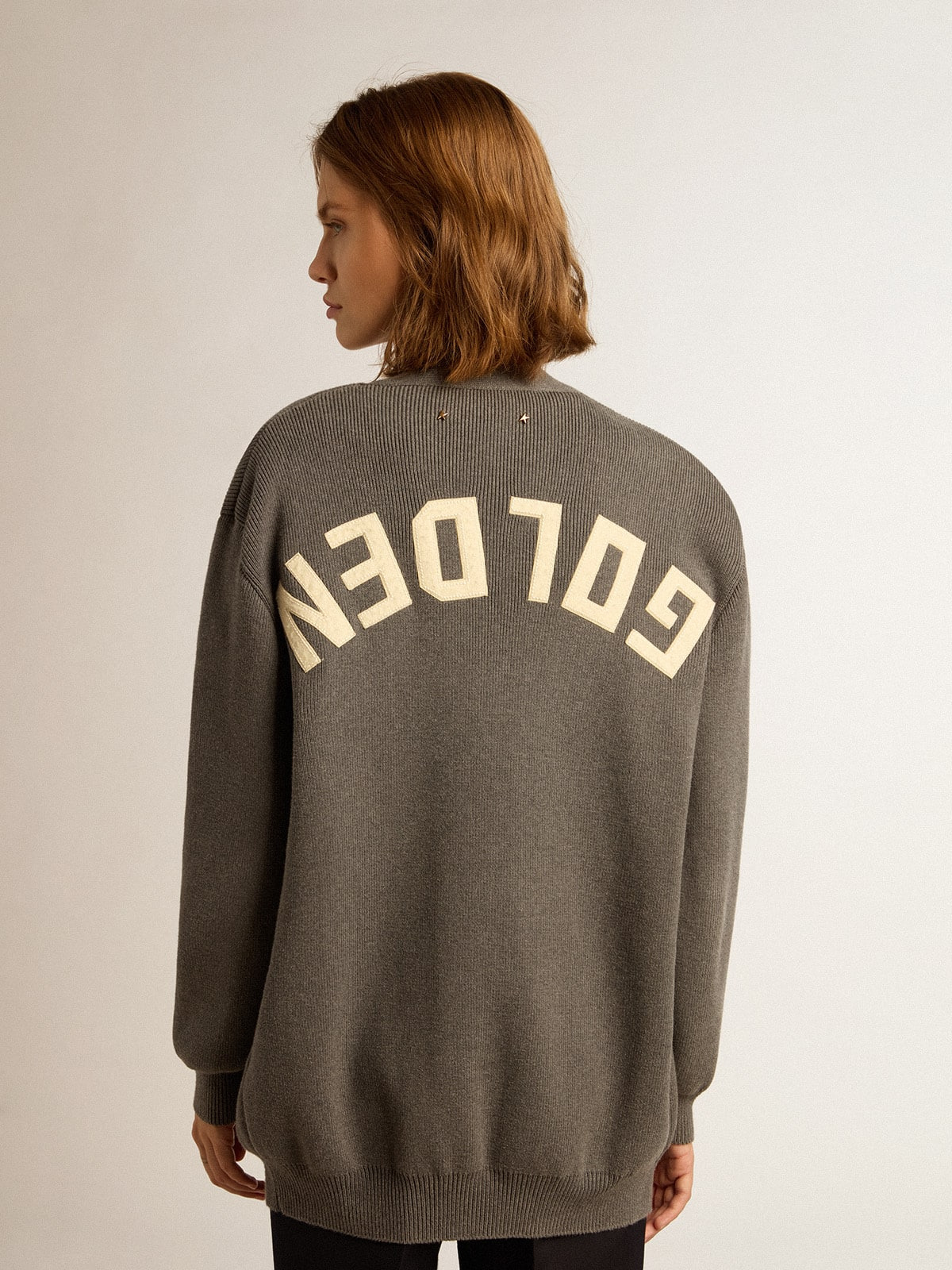 Women's mélange gray cotton cardigan with logo on the back - 4