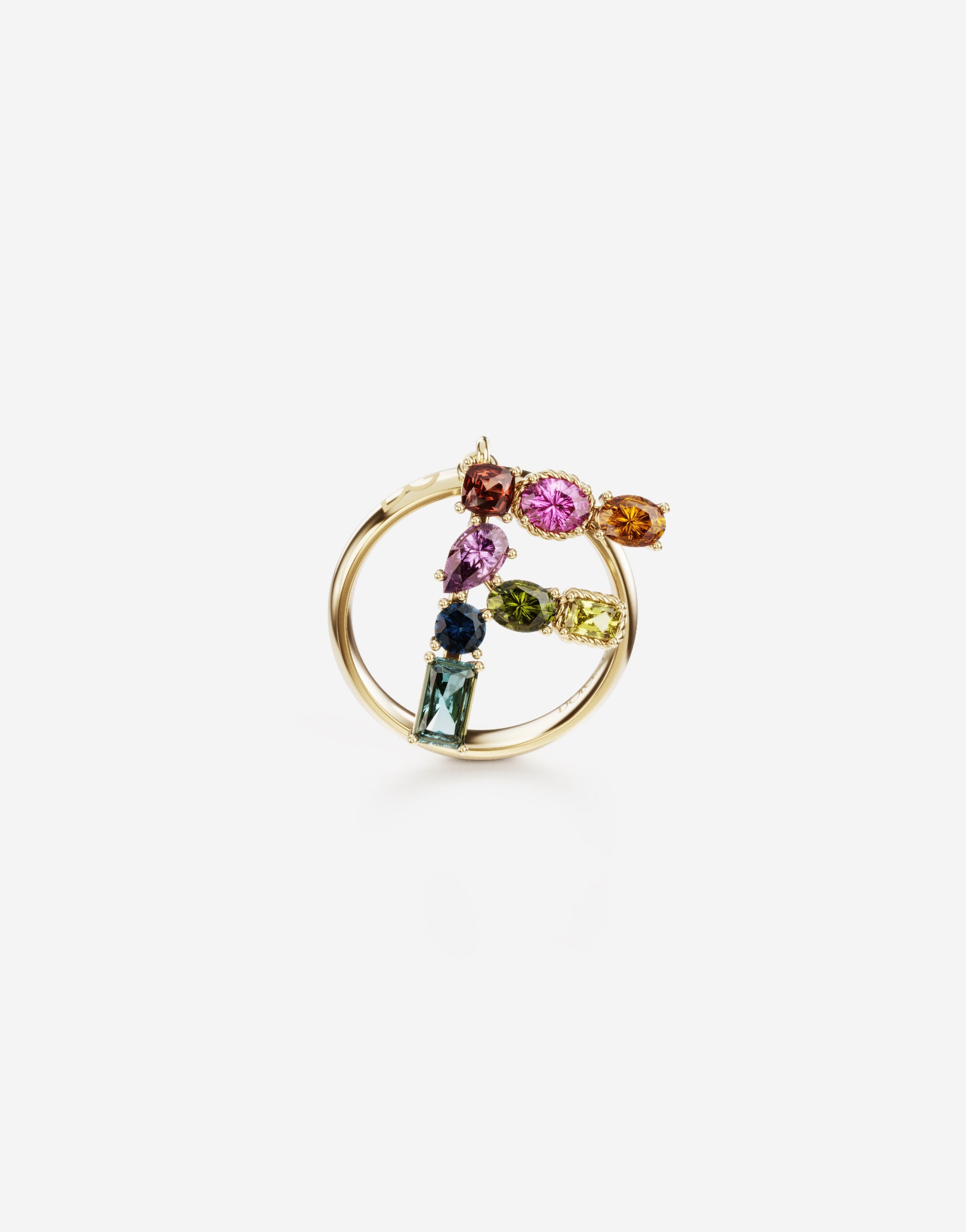 Rainbow alphabet F ring in yellow gold with multicolor fine gems - 1