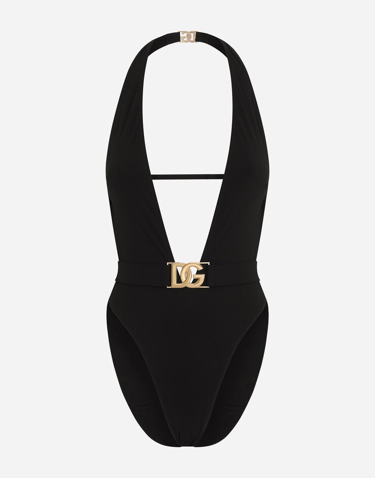One-piece swimsuit with plunging neck and belt - 1