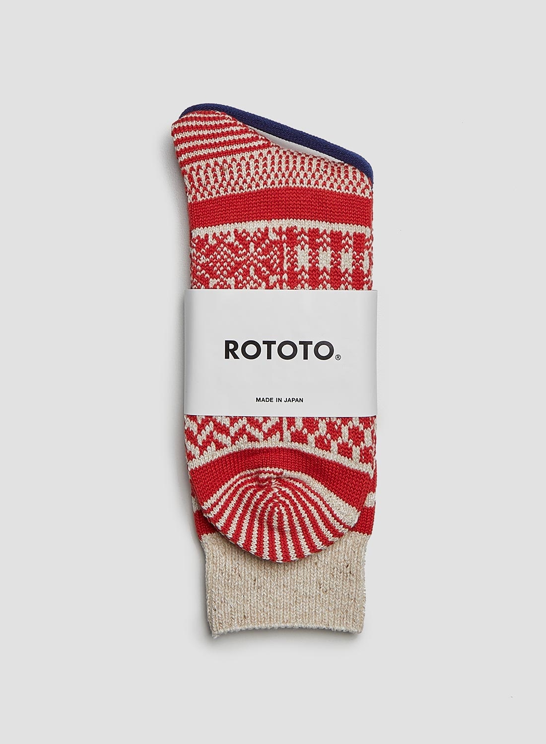 Rototo Multi Jacquard Crew Sock in Ivory/Red - 1