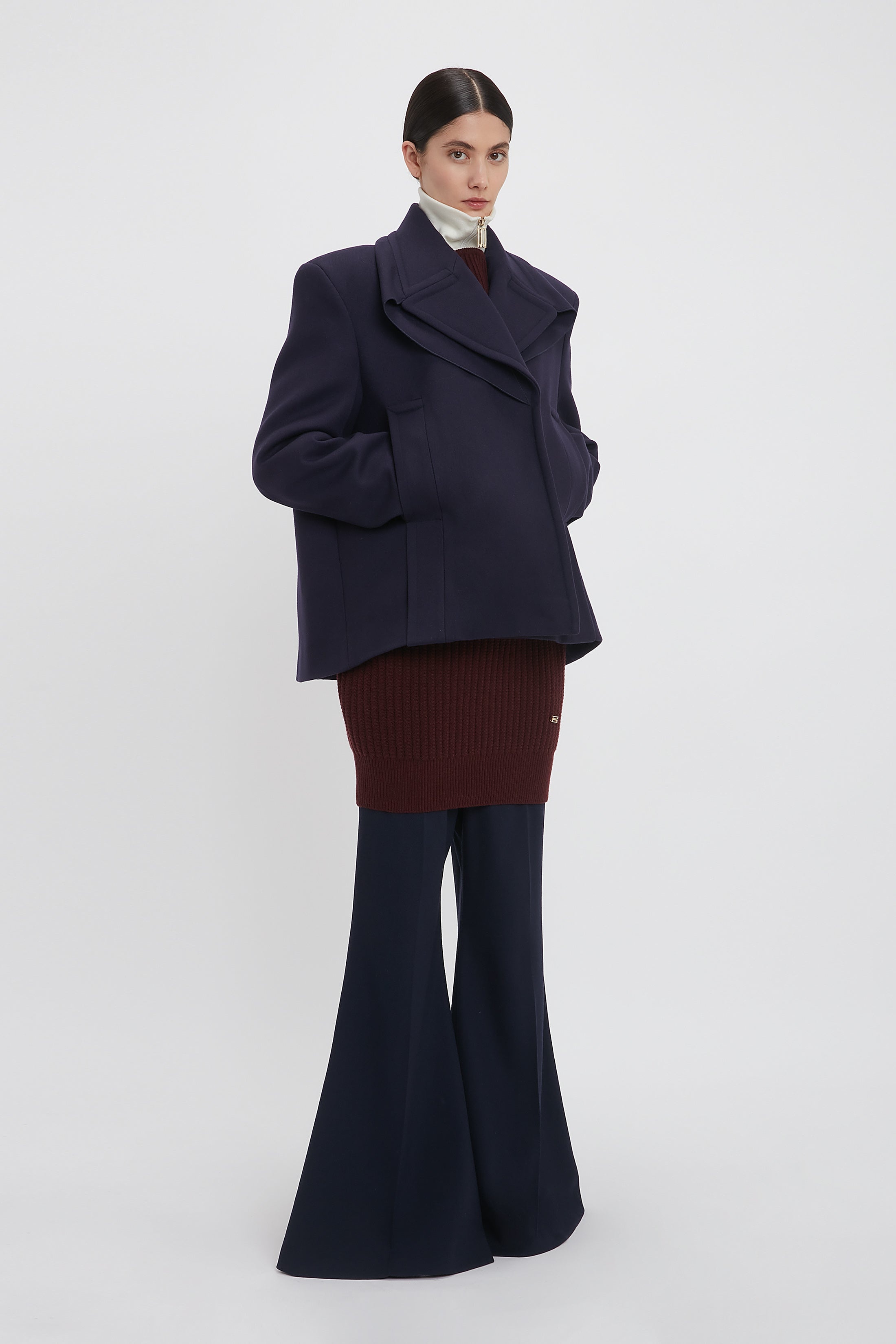 Pointed Shoulder Pea Coat In Ink Blue - 3