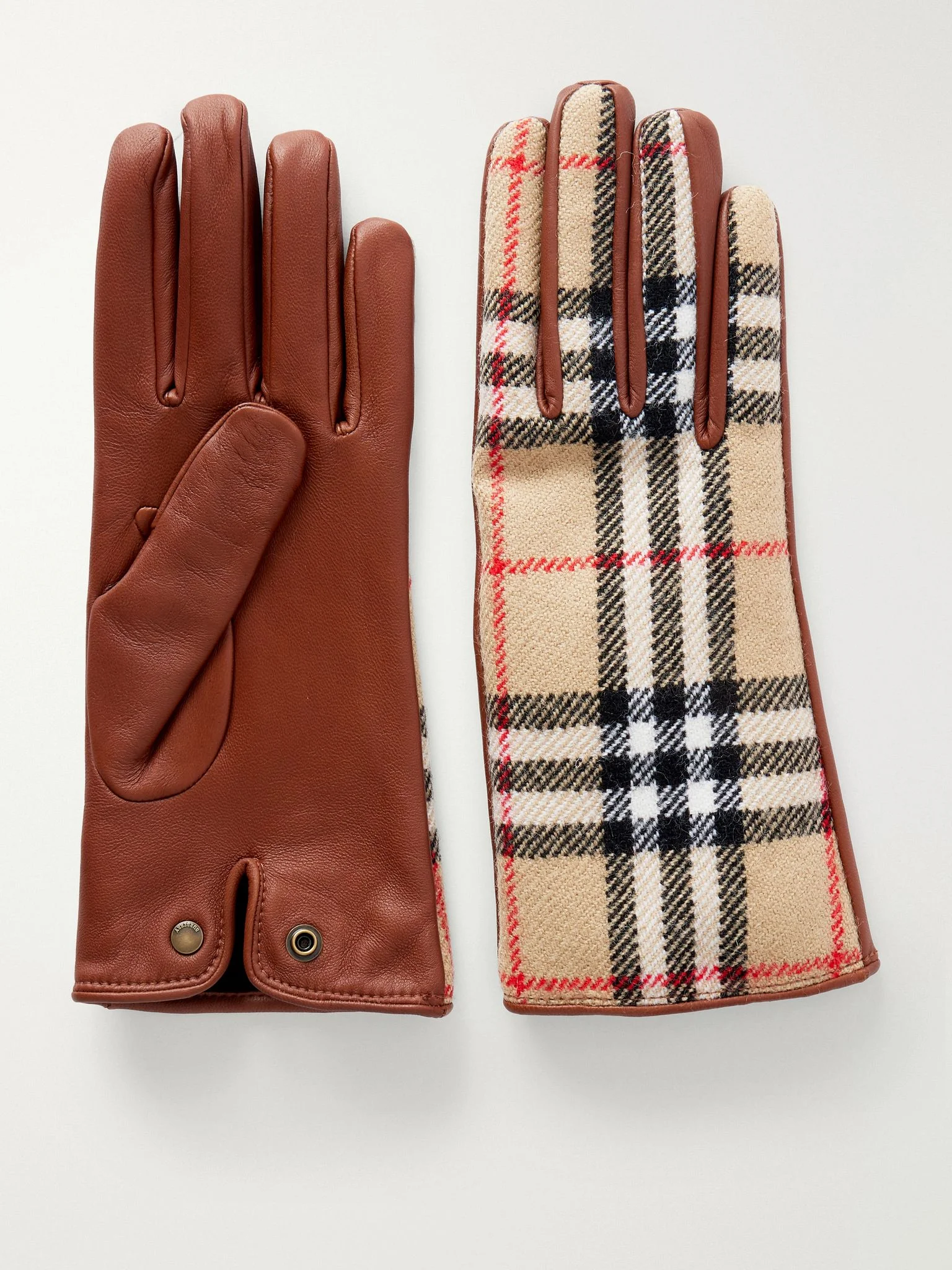 Checked leather and wool gloves Beige - 1