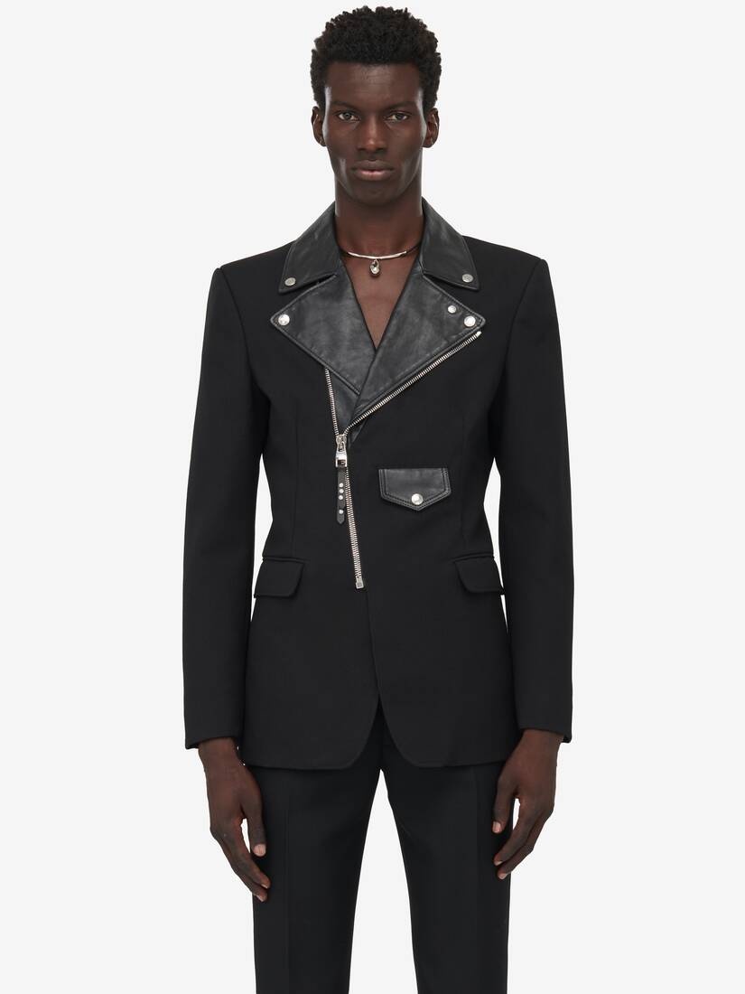 Men's Biker Lapel Tailored Jacket in Black - 5