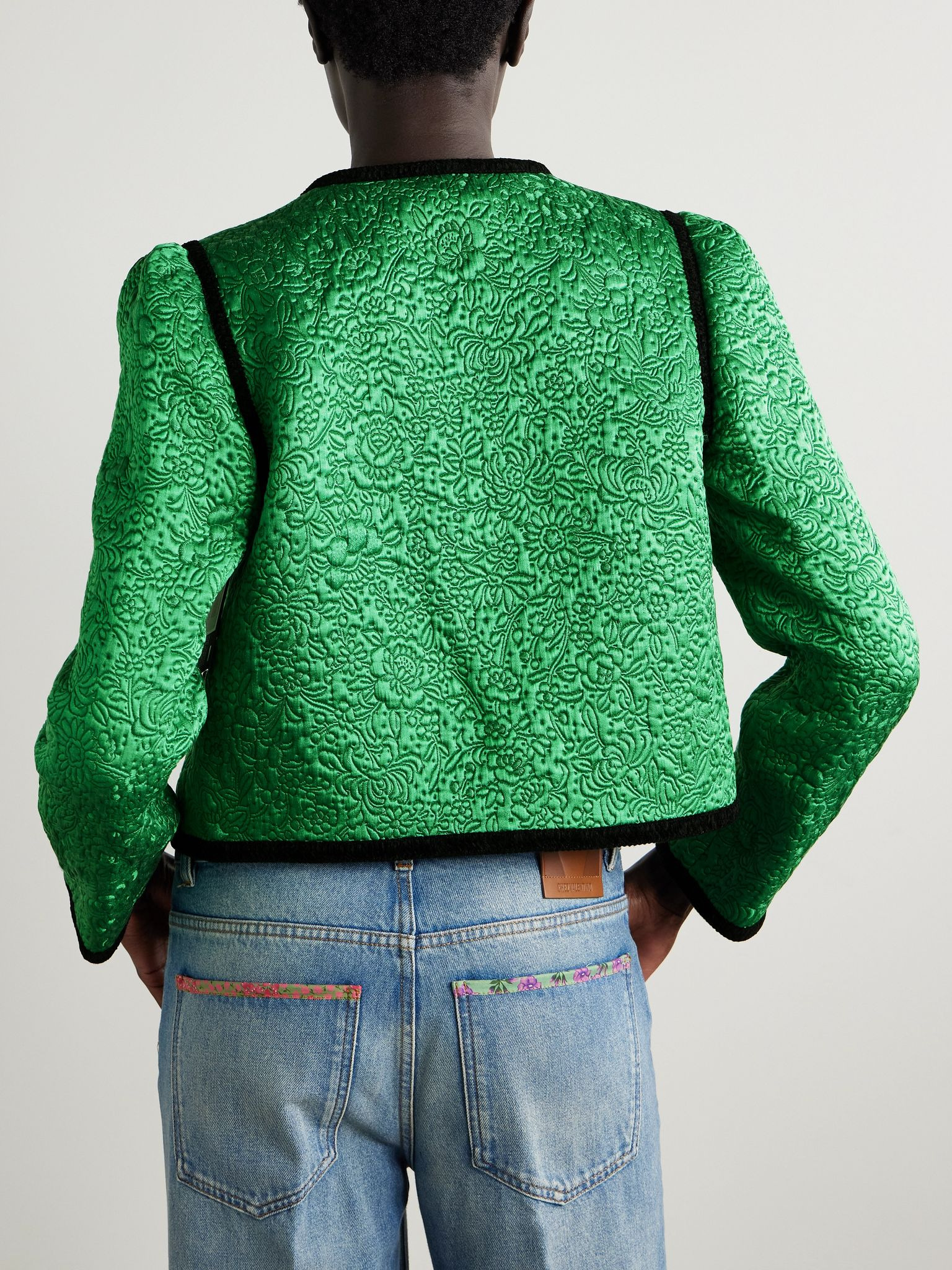 Velvet-trimmed floral-jacquard wool and silk-blend satin jacket Green - 3