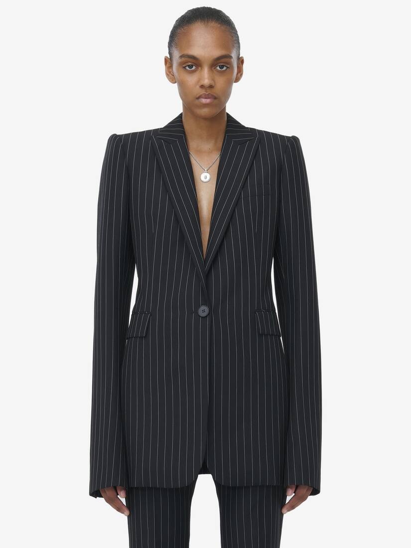 Pinstripe Stacked Shoulder Jacket - 1