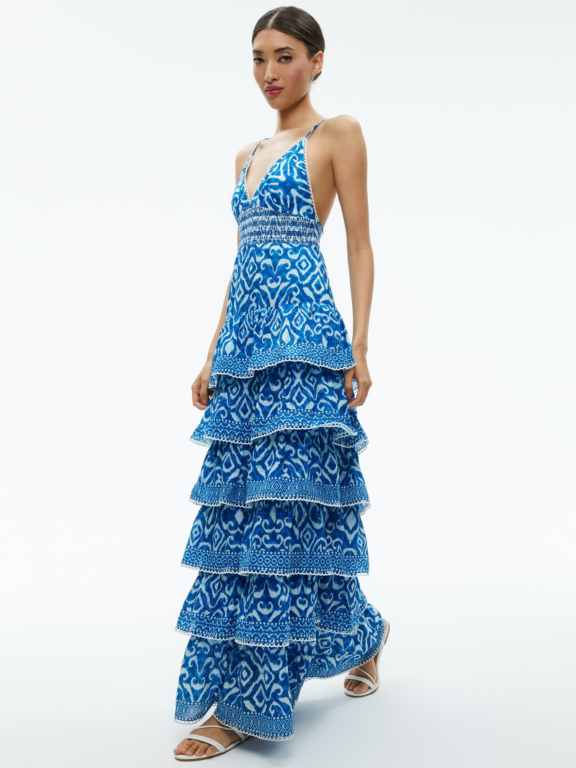 chinese dress ladies Alice+Olivia Imogene Mixed-Print Tiered Ruffle Maxi Dress  White Chocolate  Couture