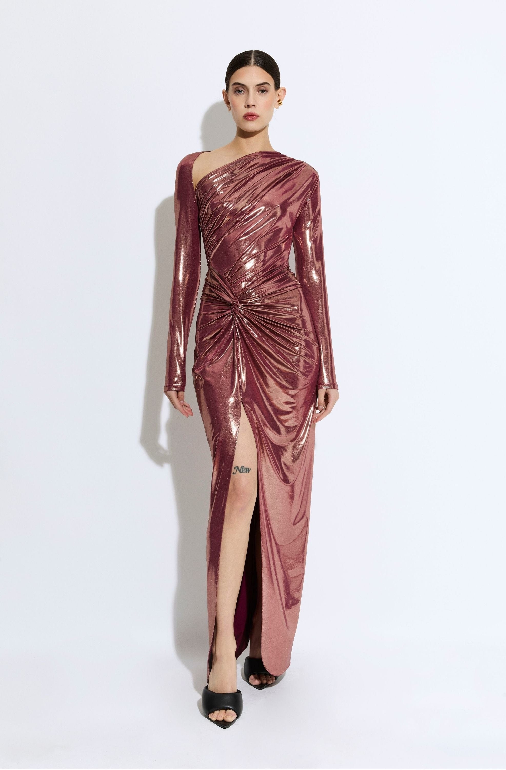 Coated Jersey Asymmetric Draped Sarong Dress - 2