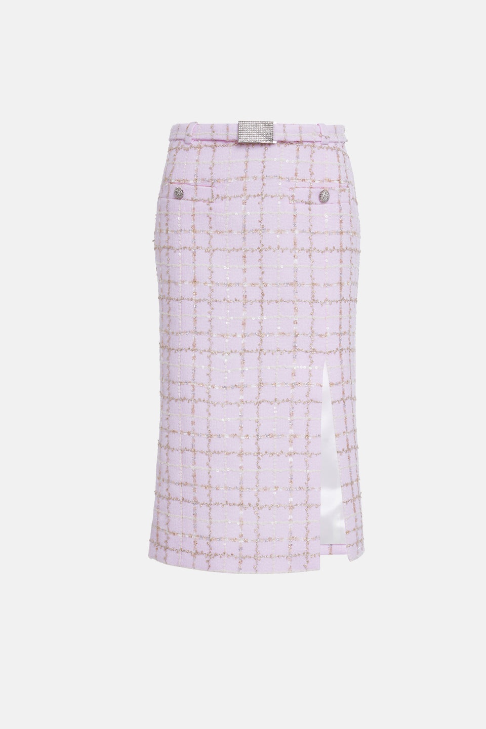 SEQUIN CHECKED TWEED LOW WAIST MIDI SKIRT W/ BELT - 1