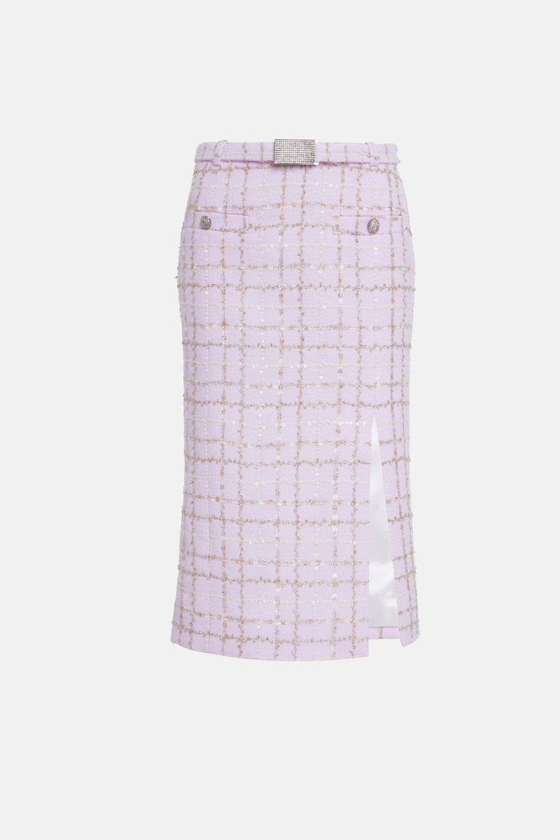 SEQUIN CHECKED TWEED LOW WAIST MIDI SKIRT W/ BELT 1