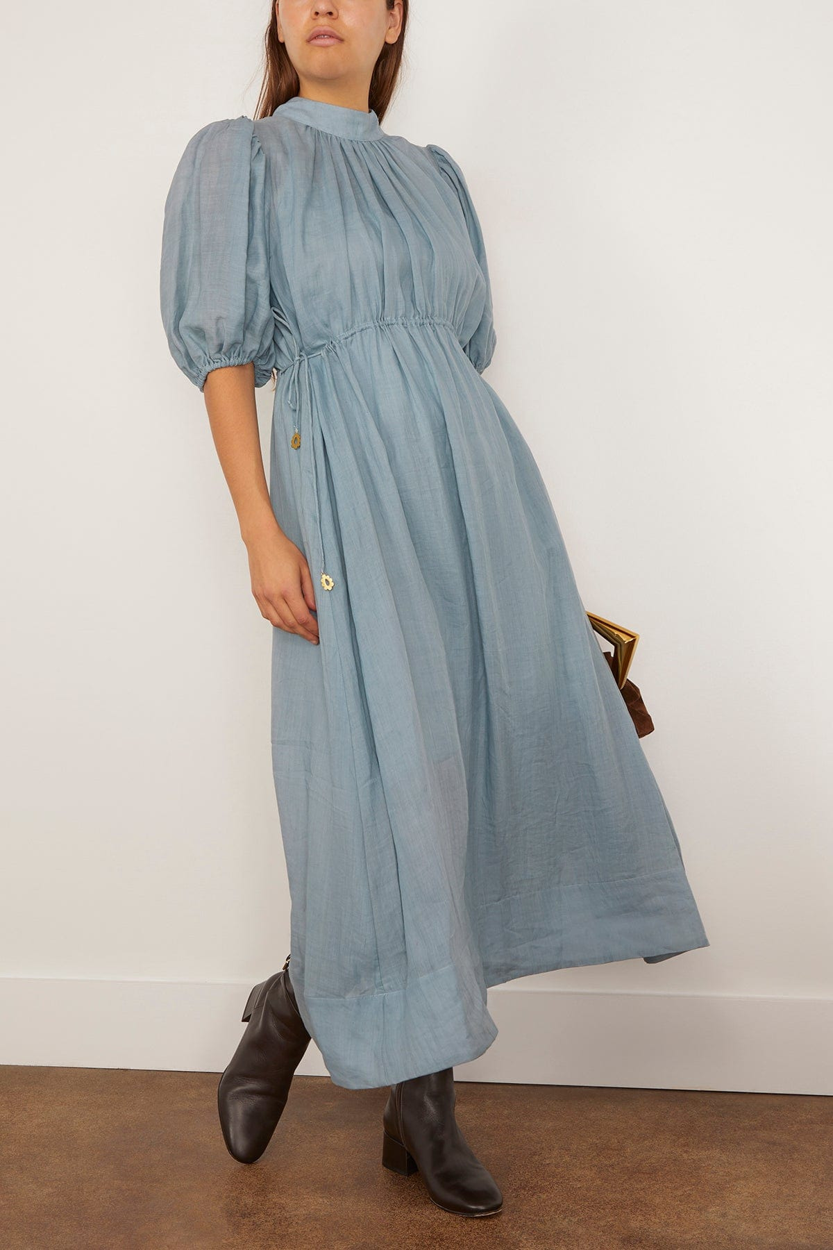 Anise Solid Puff Sleeve Midi Dress in Blue - 2