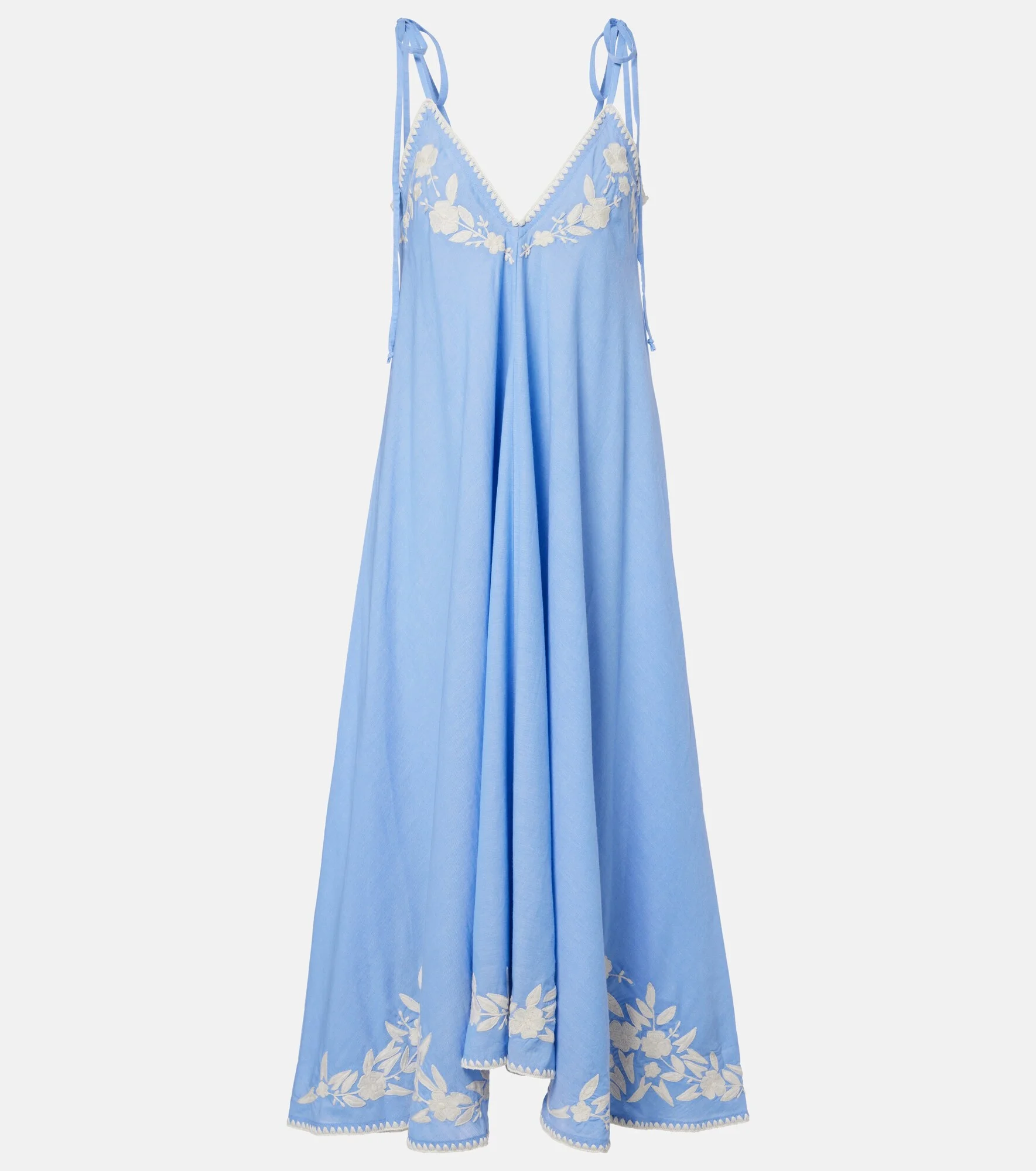 Embroidered cotton and linen chambray midi dress - 1