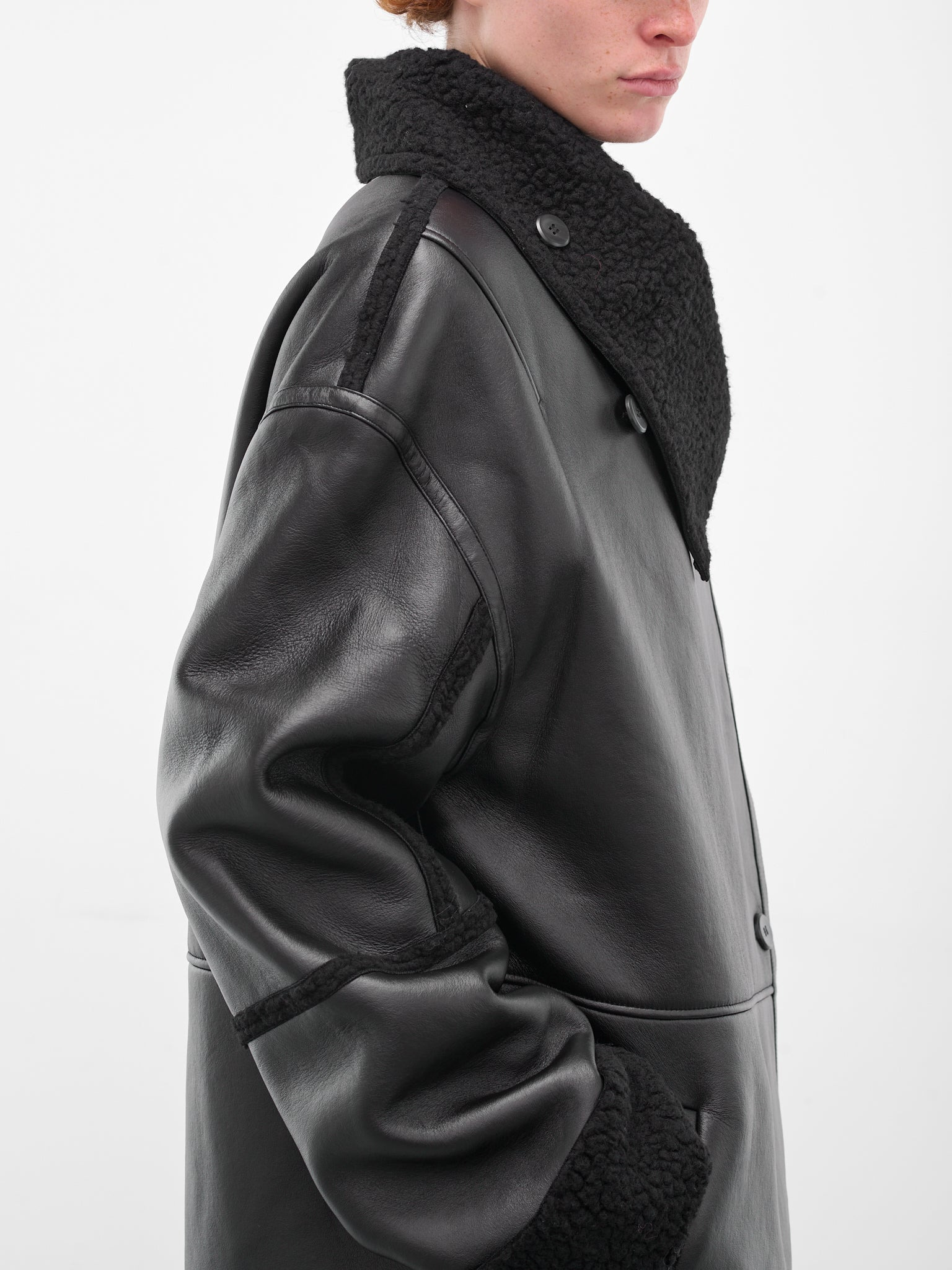 Black Leather Shearling Long Coat - 4