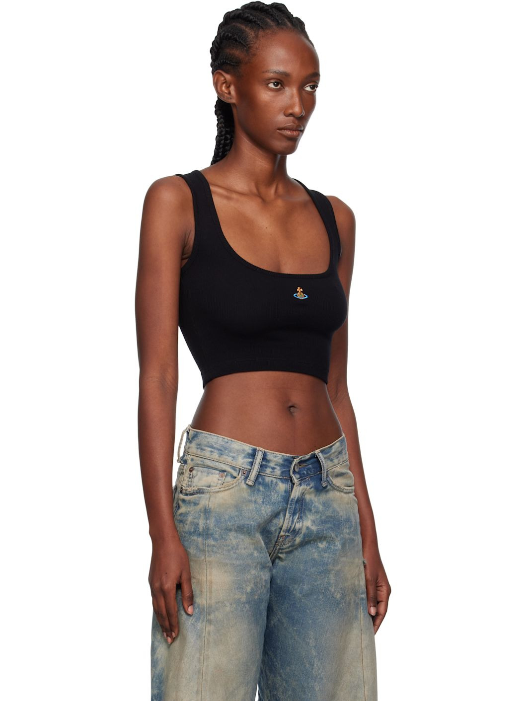 Black Cropped Rib Tank Top - 2