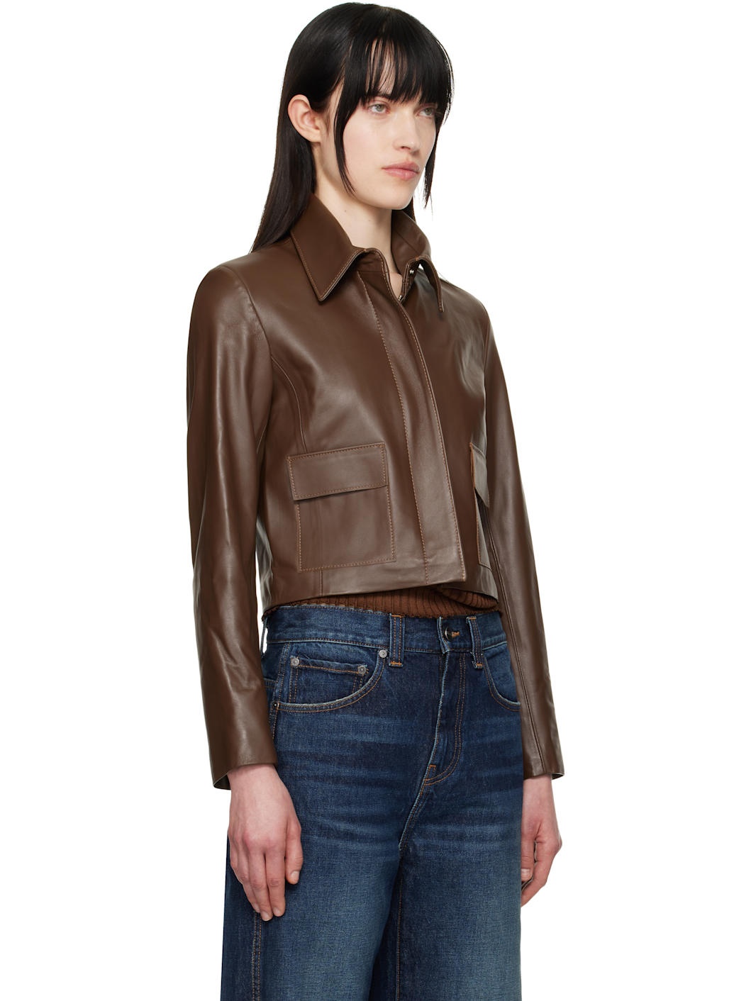 Brown Bleeker Cropped Leather Jacket - 2