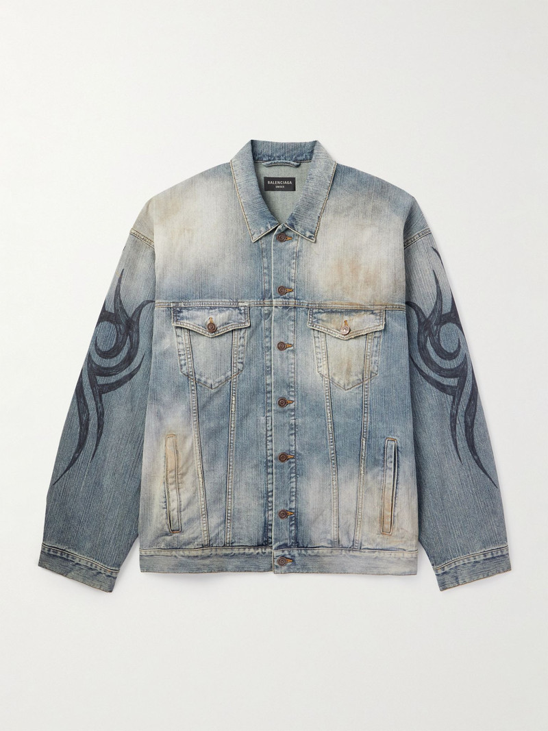Oversized Distressed Printed Denim Jacket Blue 1