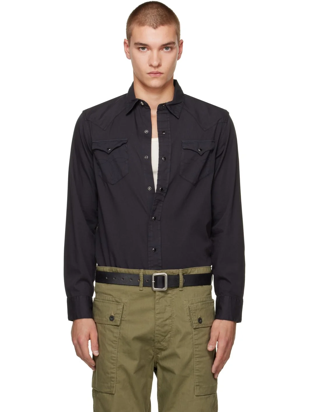 Black Cotton Twill Western Shirt - 1