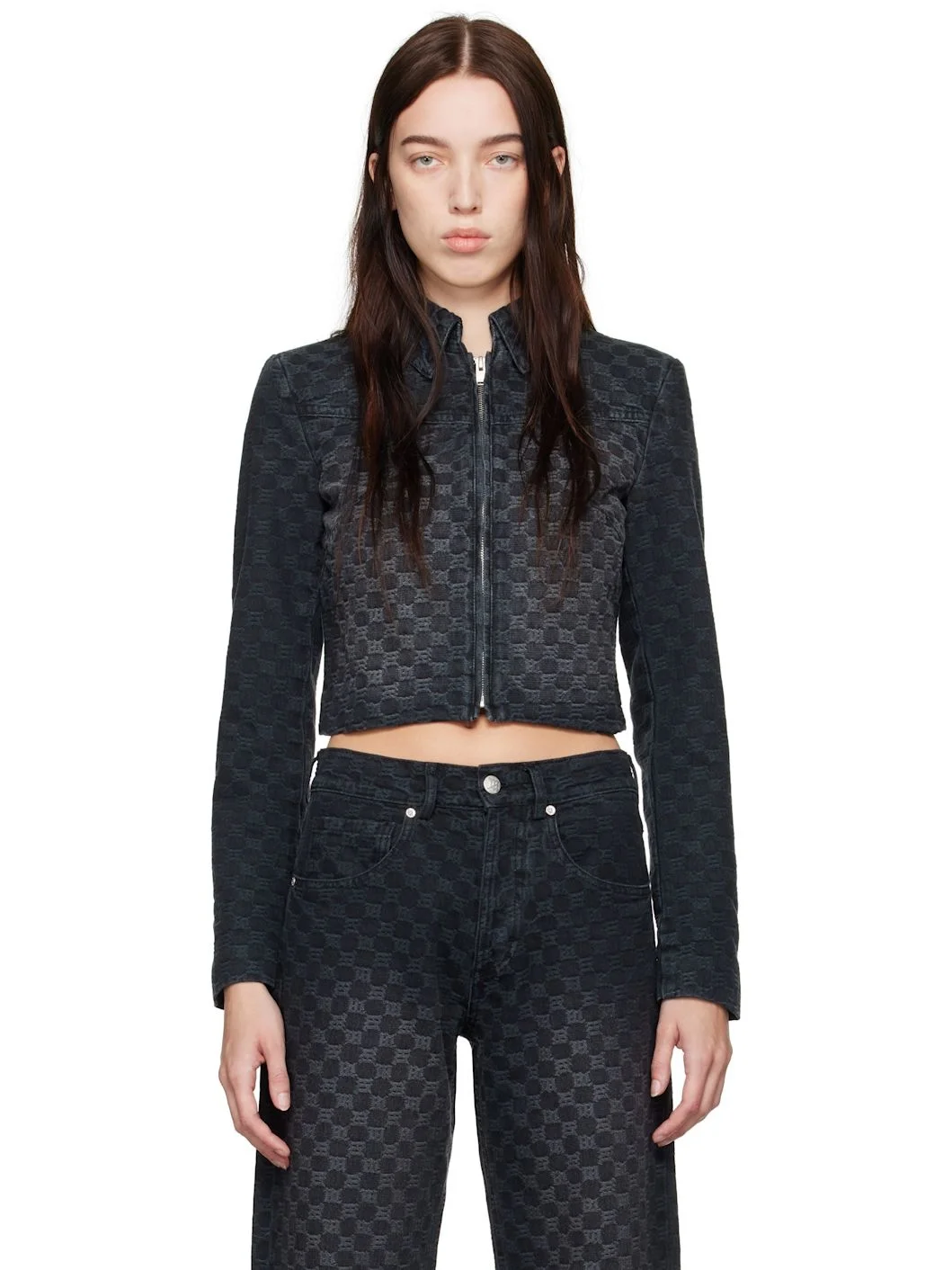 Black Jacquard Monogram Denim Jacket - 1