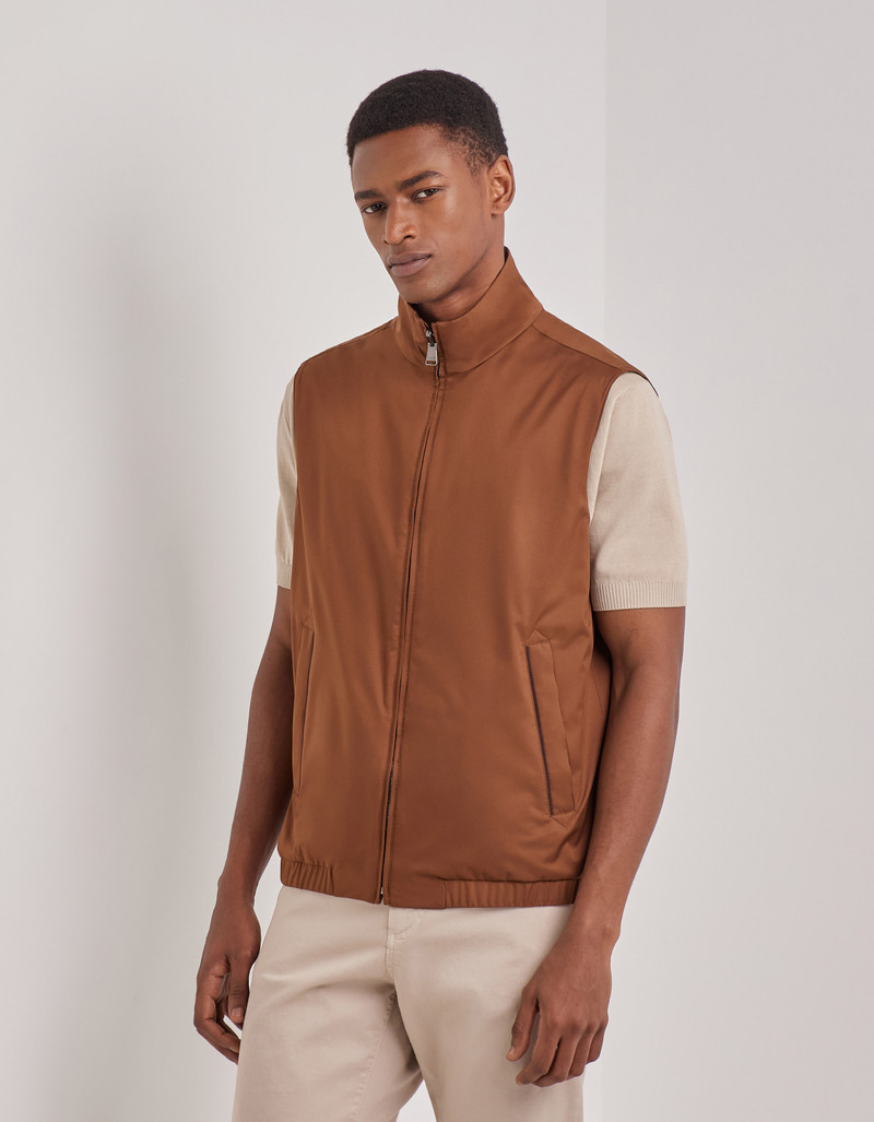 CARAMEL MIXED-MATERIAL ULTRALIGHT SUEDE BOMBER JACKET WITH KNIT INSERTS 213
