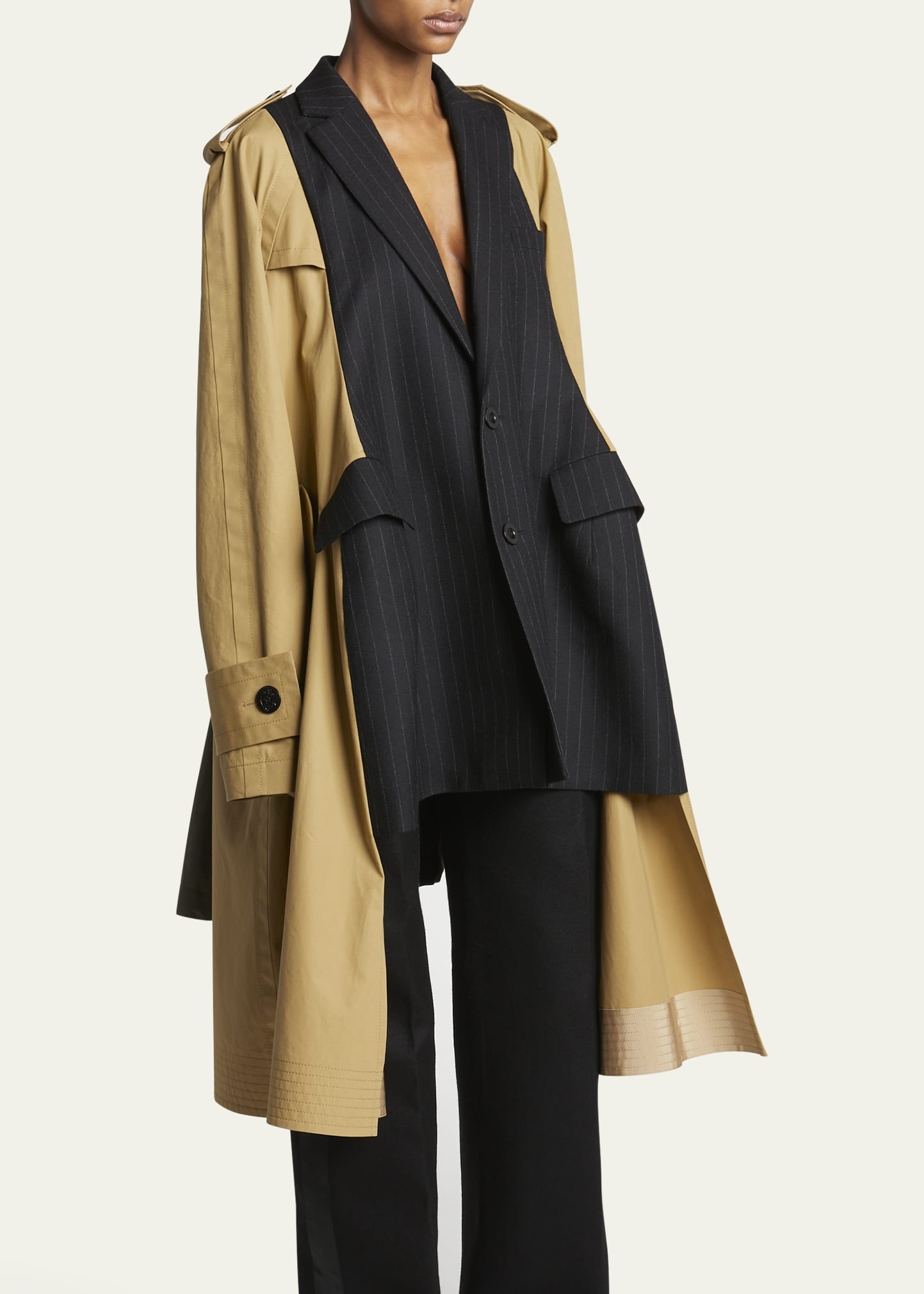 Pinstripe Blazer and Parka Detail Trench Coat - 4