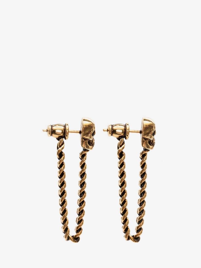 Skull Charm Chain Earrings in Antique Gold - 2