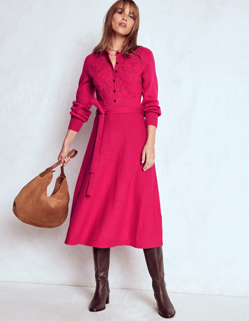 Lace Insert Knitted Midi Dress-Vibrant Pink 6