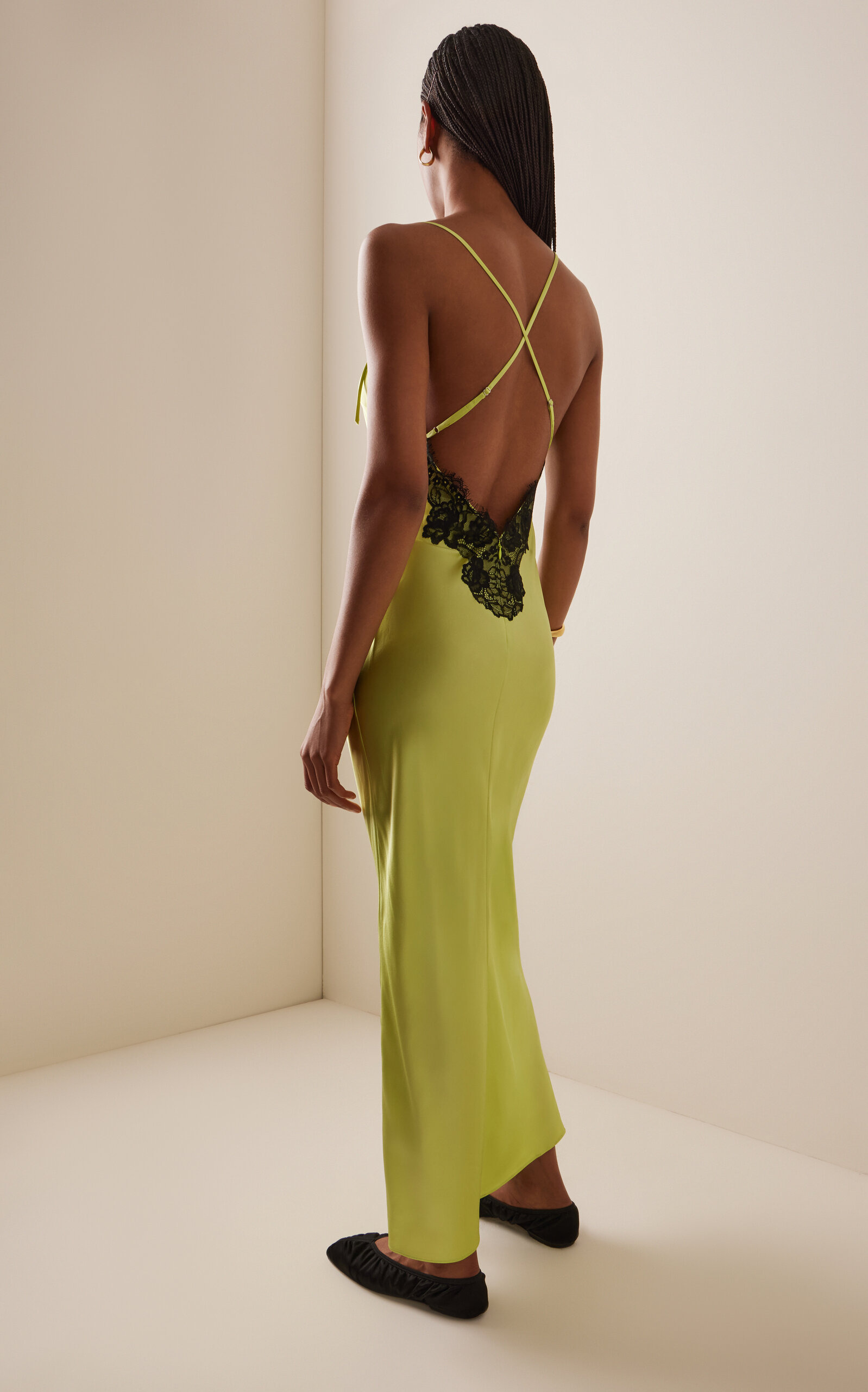 Lace-Trimmed Silk Maxi Slip Dress lime green - 4