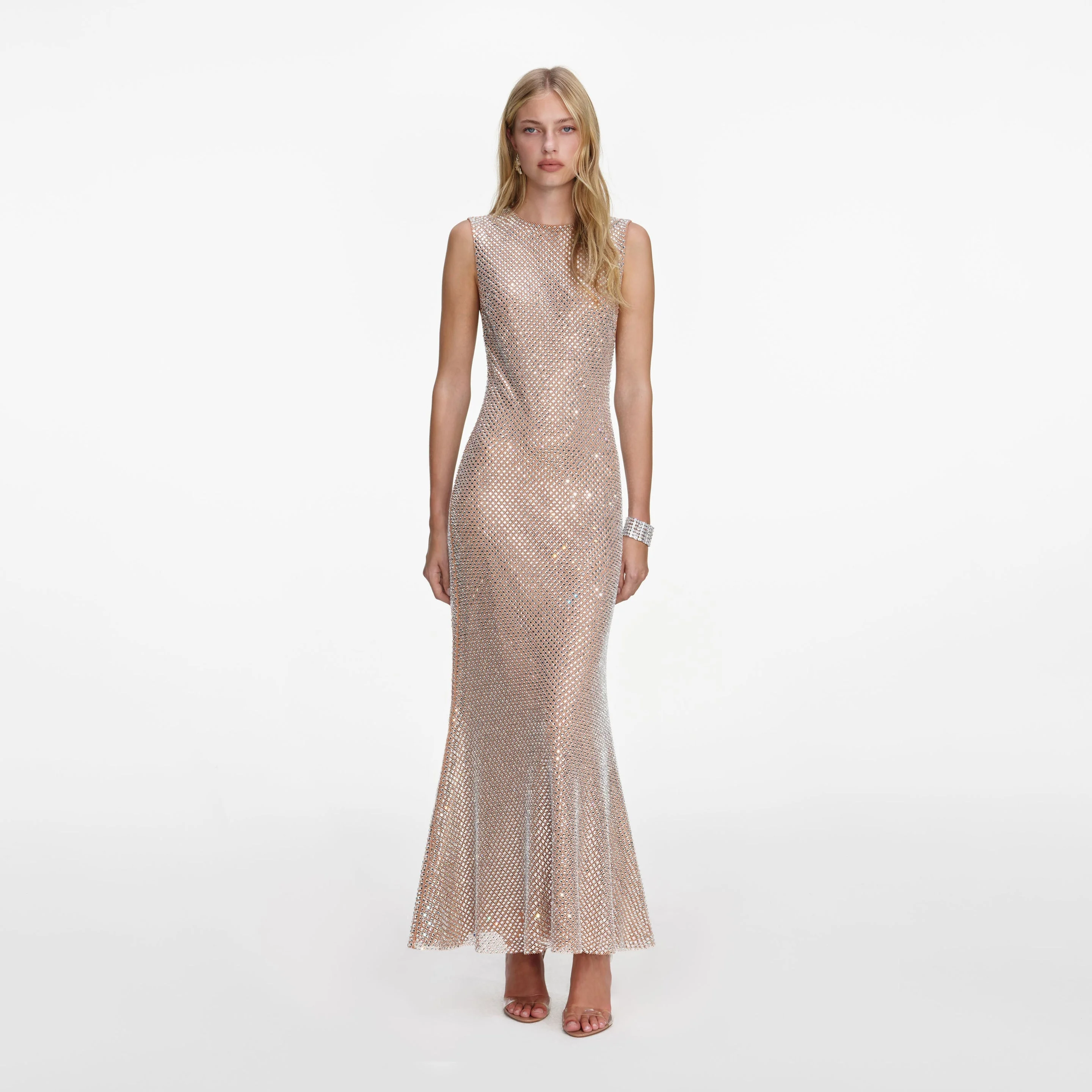 Silver Rhinestone Mesh Midi Dress - 1
