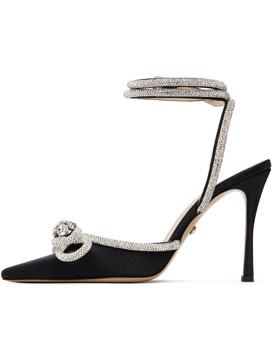 Black Double Bow Satin Heels - 3