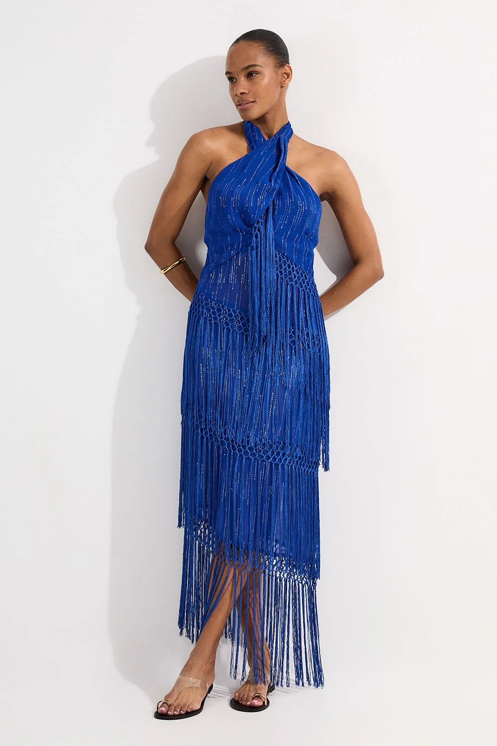 Beach Fringe Metallic Thread Halter Neck Dress - 1