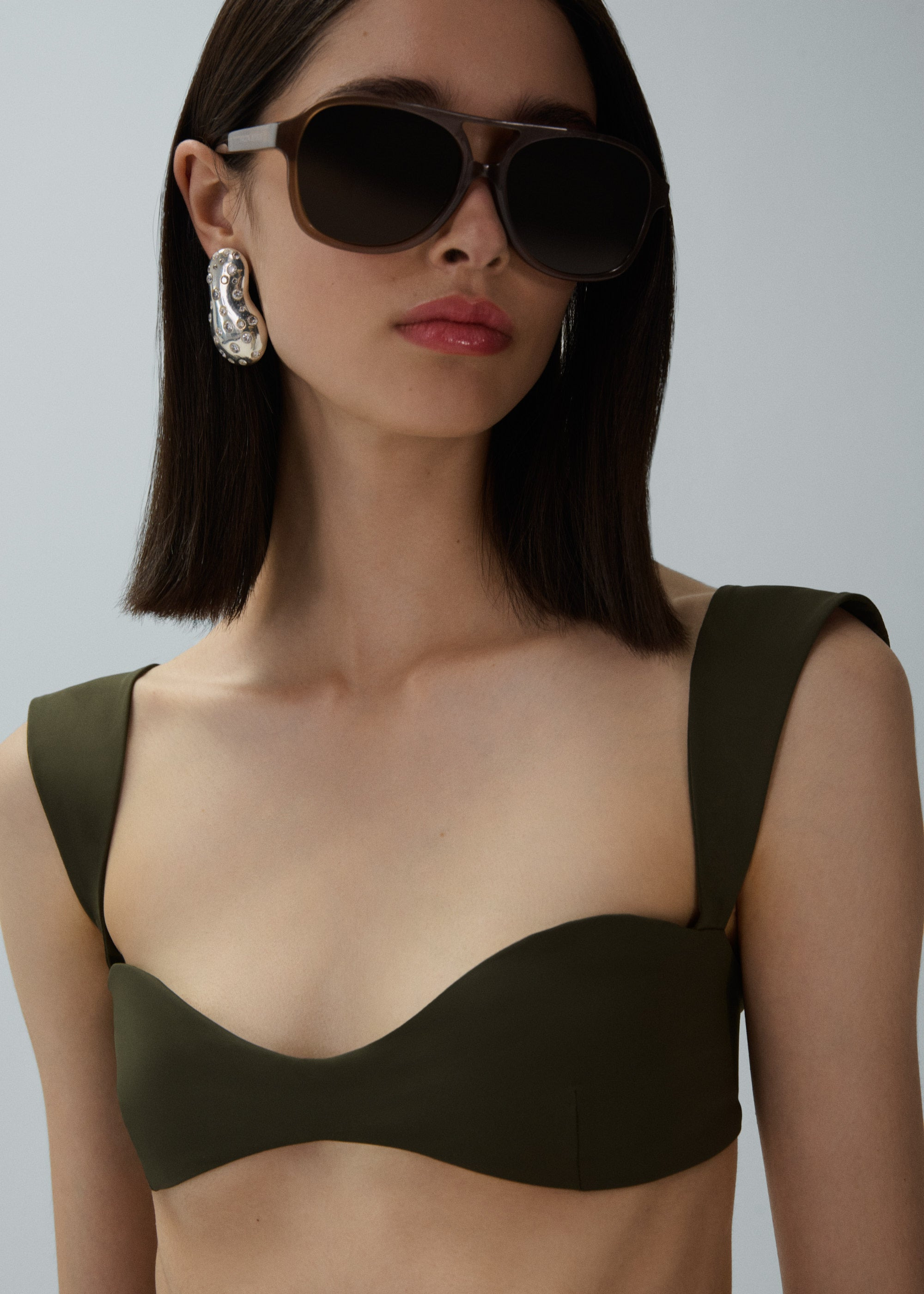Retro bustier swim top in khaki - 4
