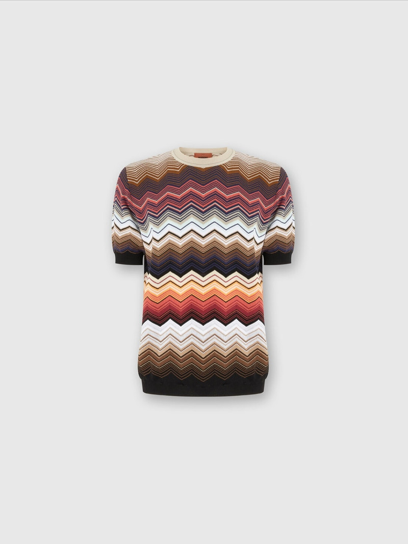 Zig zag cotton knit crewneck T-shirt with contrasting piping 1