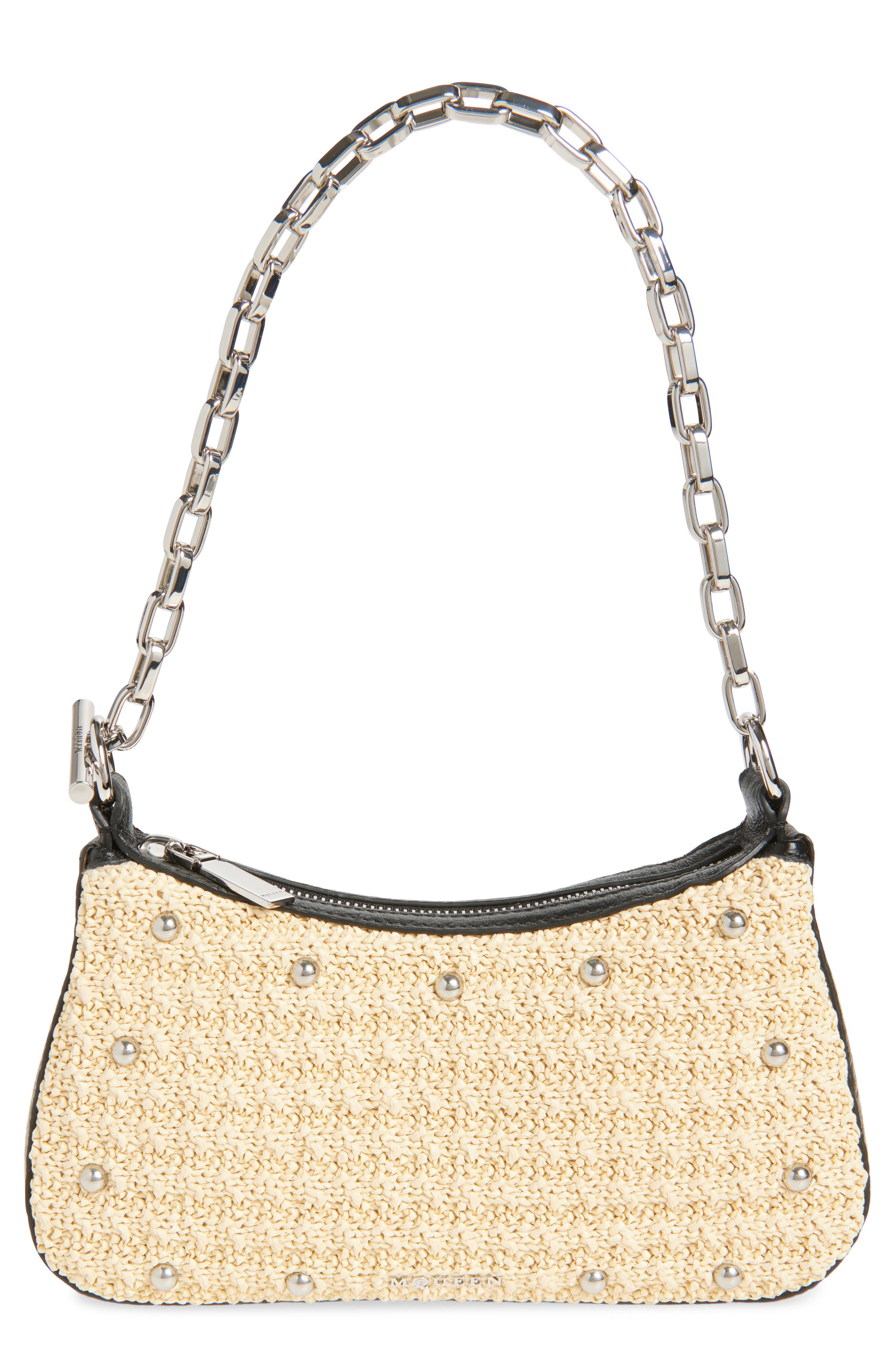 McQueen Mini T-Bar Studded Faux Raffia Pouch in Natural/Black/Silver at Nordstrom - 1