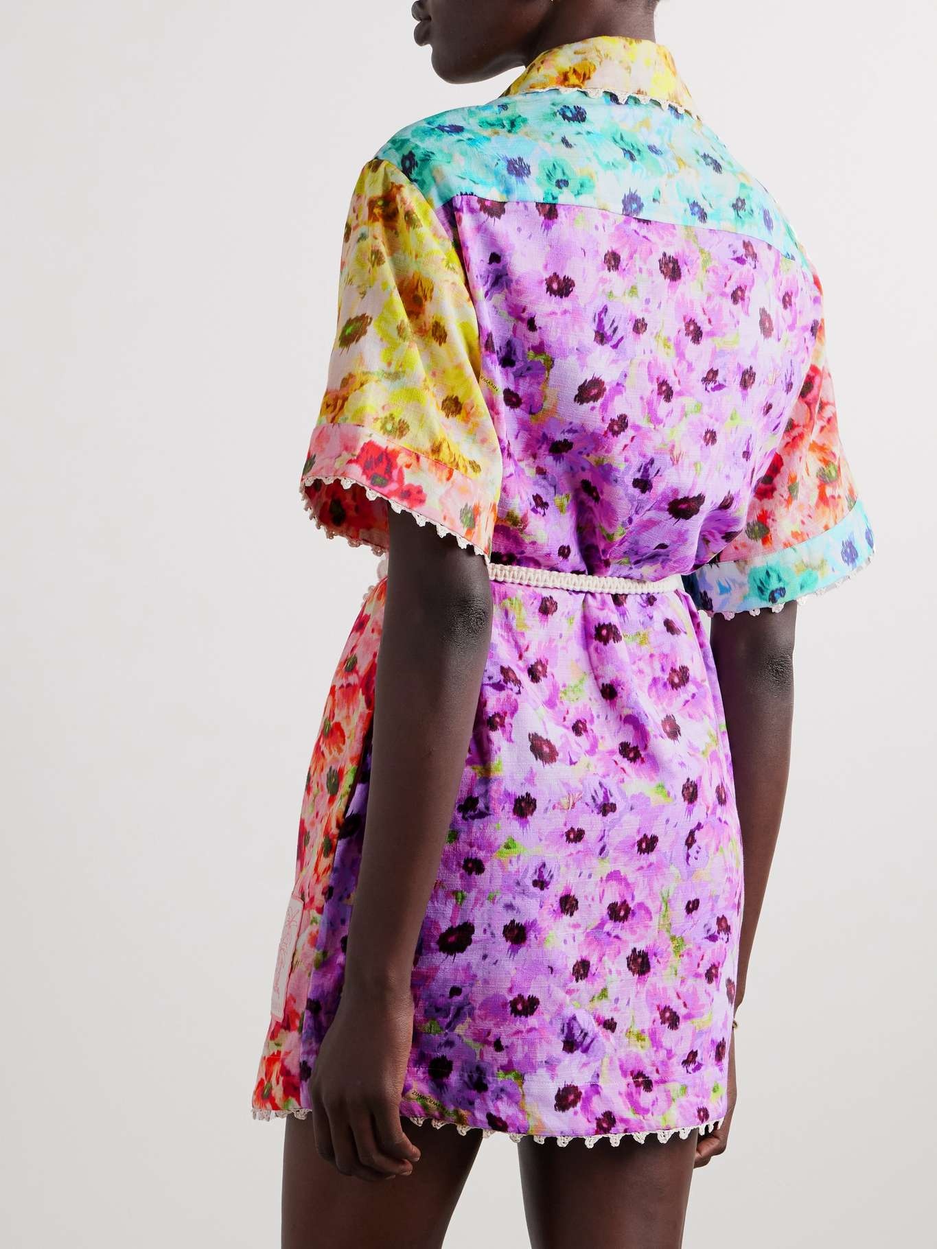 Lightburst belted crochet-trimmed floral-print cotton mini shirt dress - 3